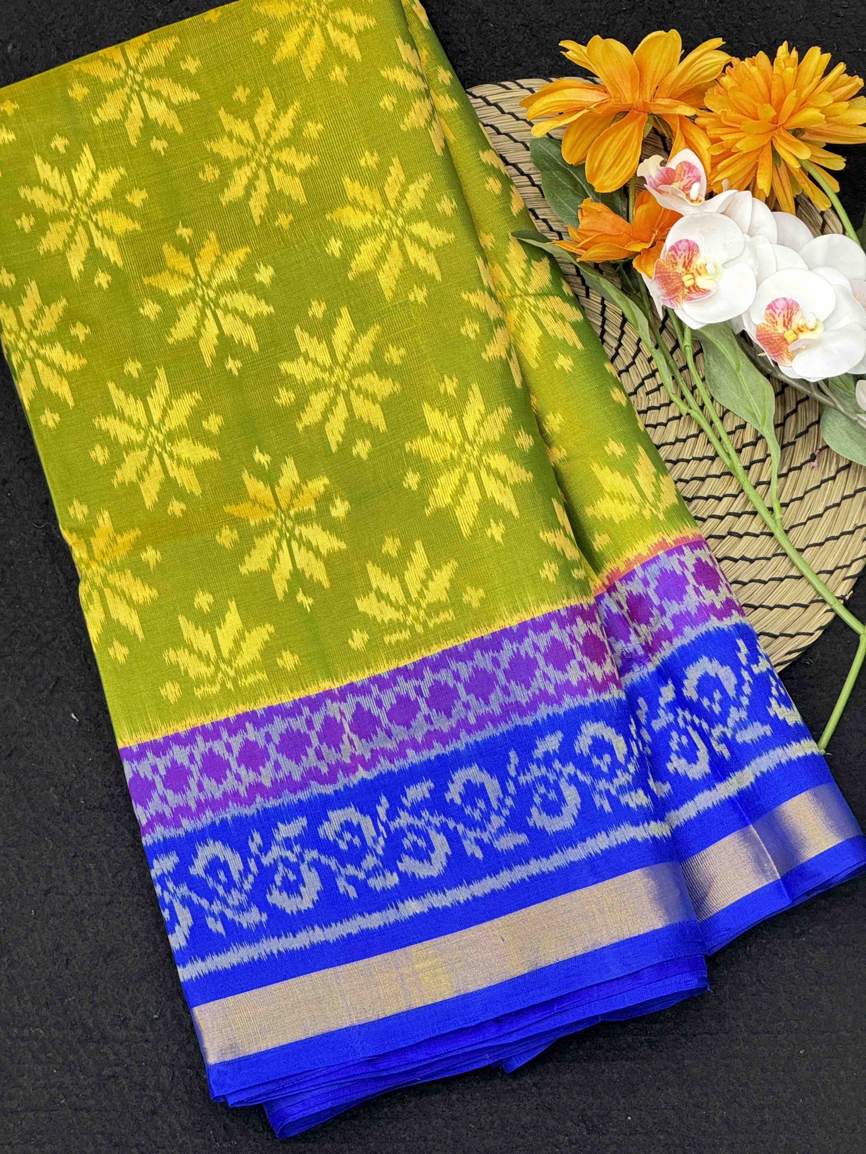 Parrot Green & Blue Fancy Flower Patola Saree