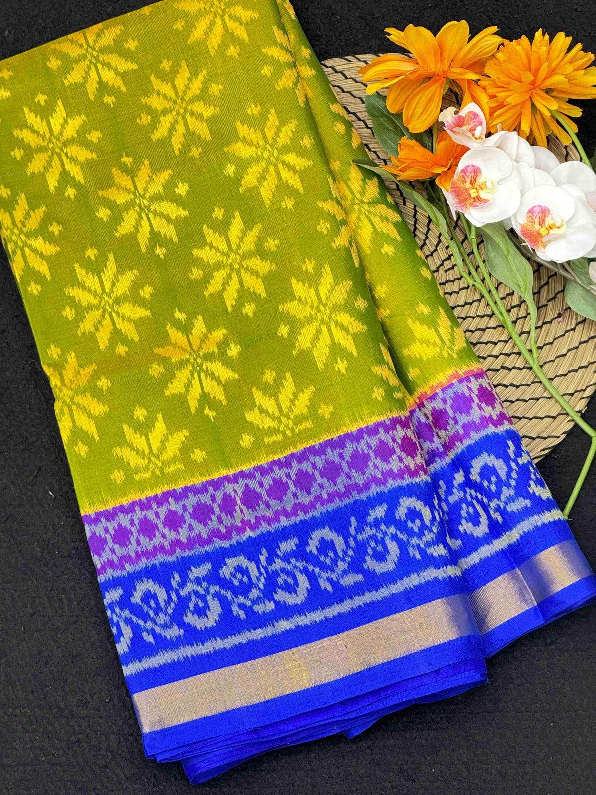 Parrot Green & Blue Fancy Flower Patola Saree
