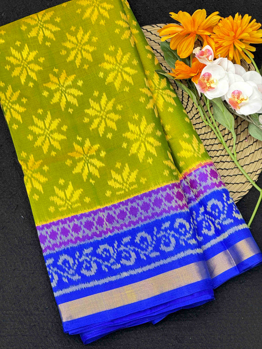 Parrot Green & Blue Fancy Flower Patola Saree