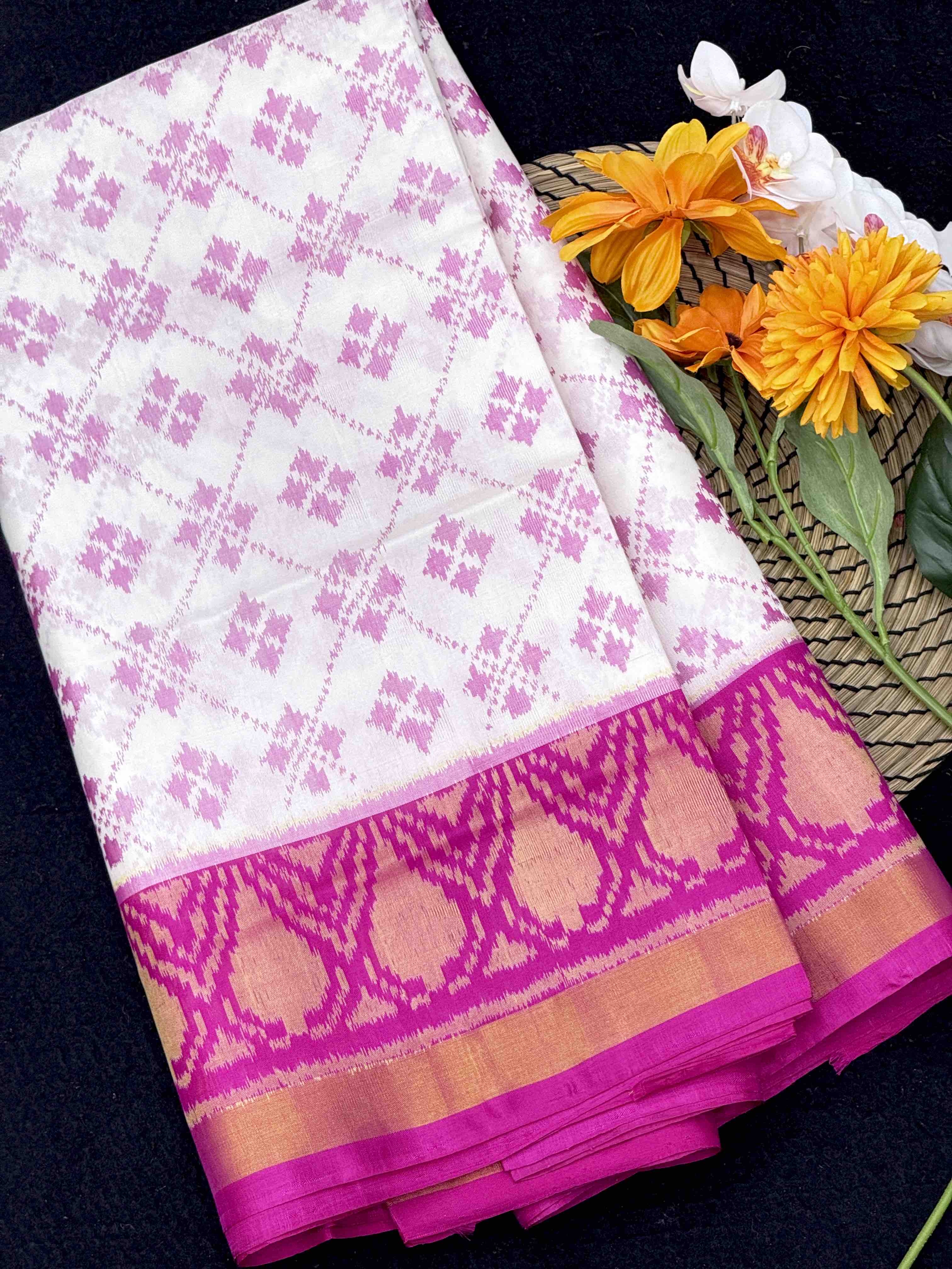 White & Pink Fancy Patola Saree