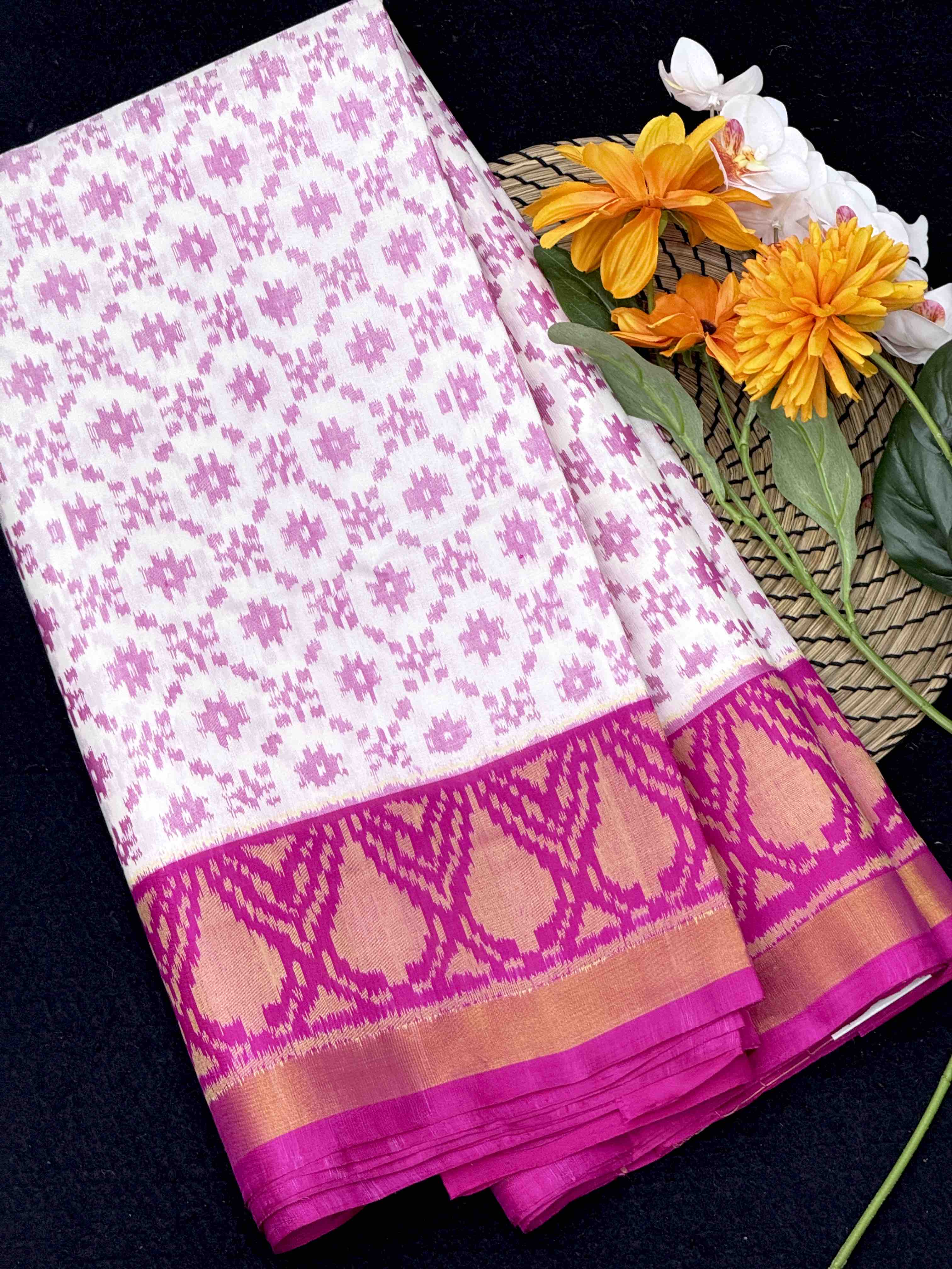 White & Pink Fancy Patola Saree