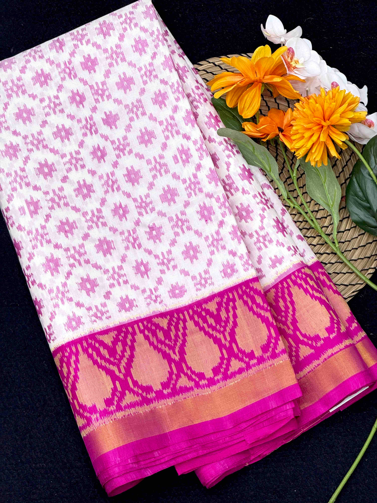 White & Pink Fancy Patola Saree