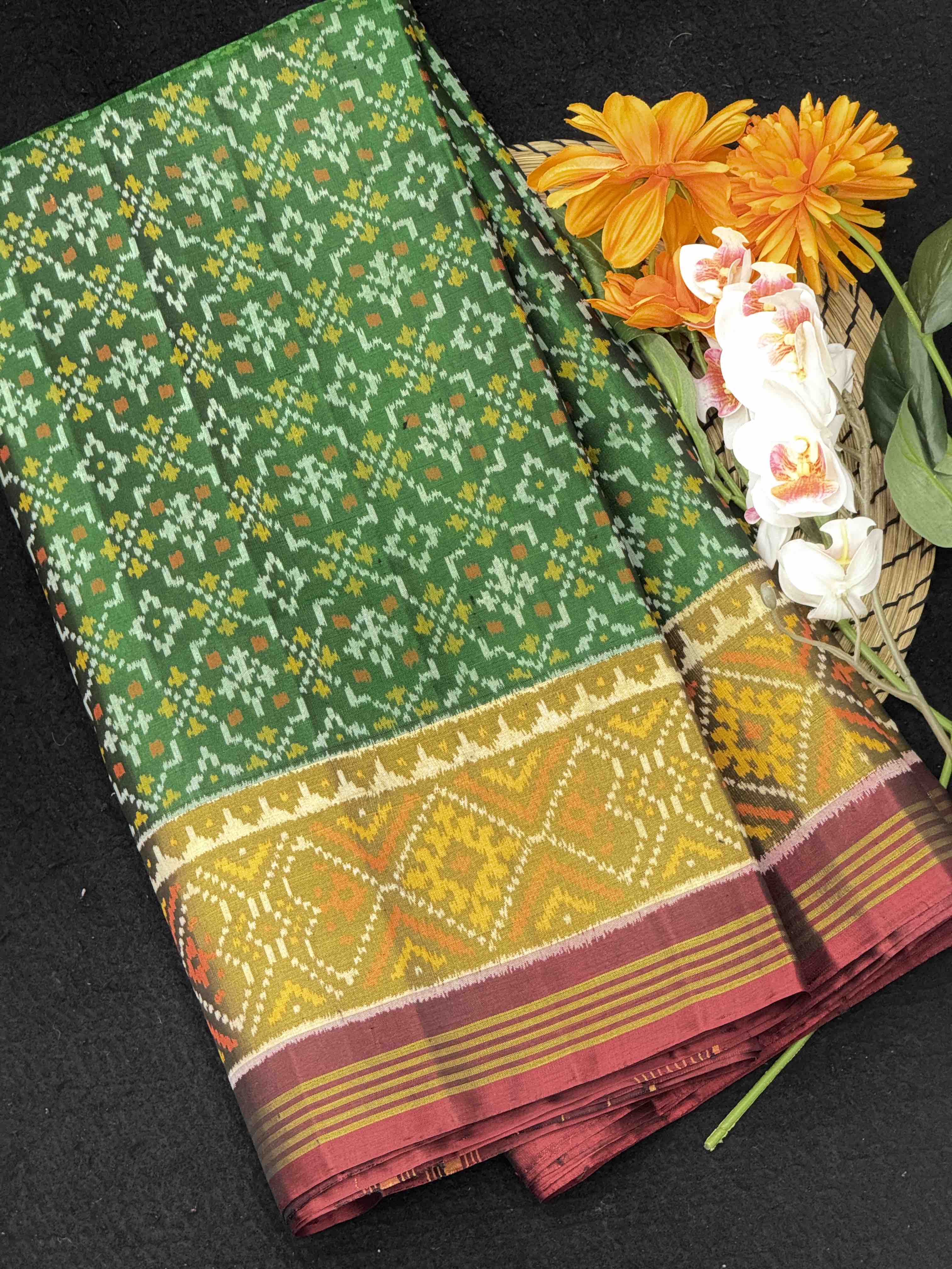 Green & Red Buttonful Patola Saree