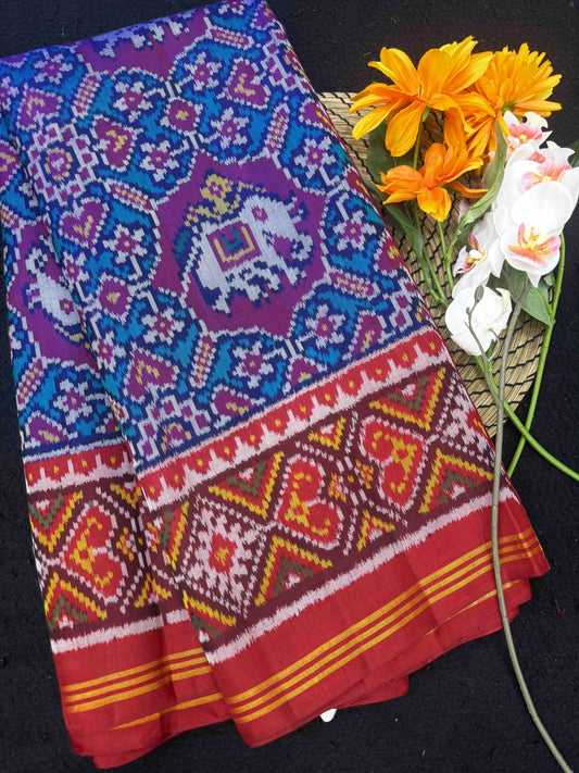 Red & Turquoise Manekchwok Narikunj Mix Single Ikat Patan Patola Saree