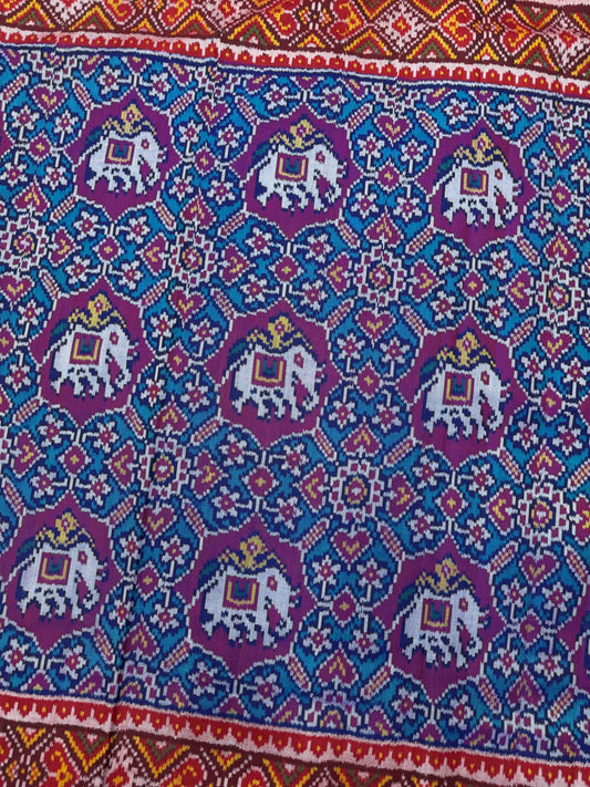 Red & Turquoise Manekchwok Narikunj Mix Single Ikat Patan Patola Saree