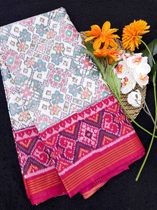 Pink & White Navratan Single Ikat Patan Patola Saree
