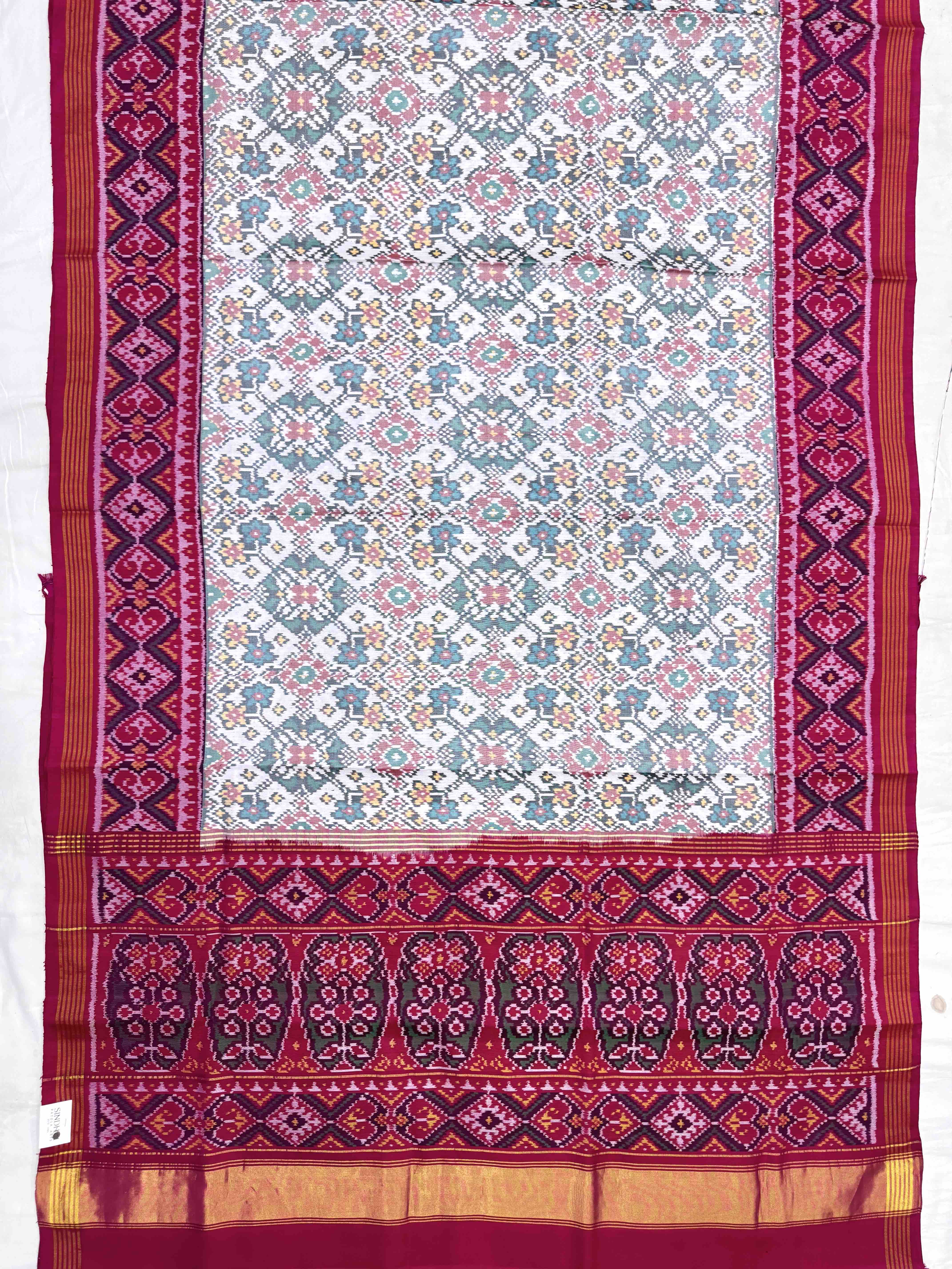 Pink & White Navratan Single Ikat Patan Patola Saree