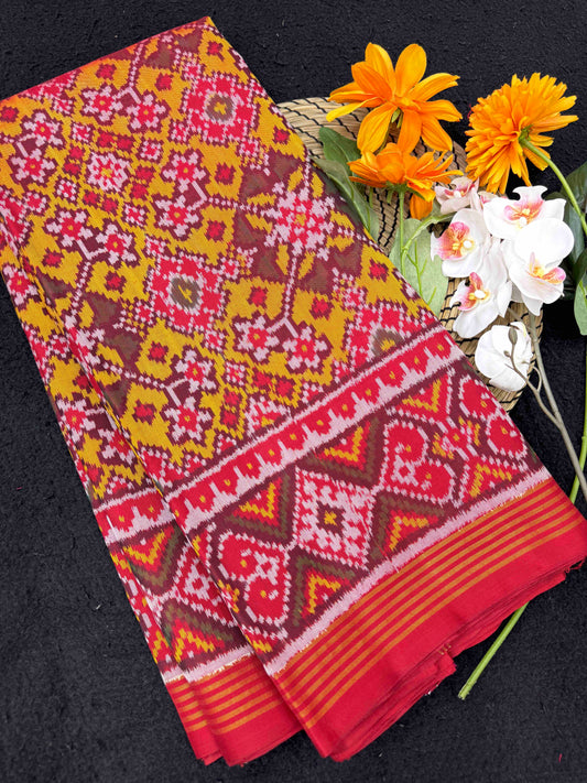 Red & Yellow Navrtatan Single Ikat Patan Patola Saree