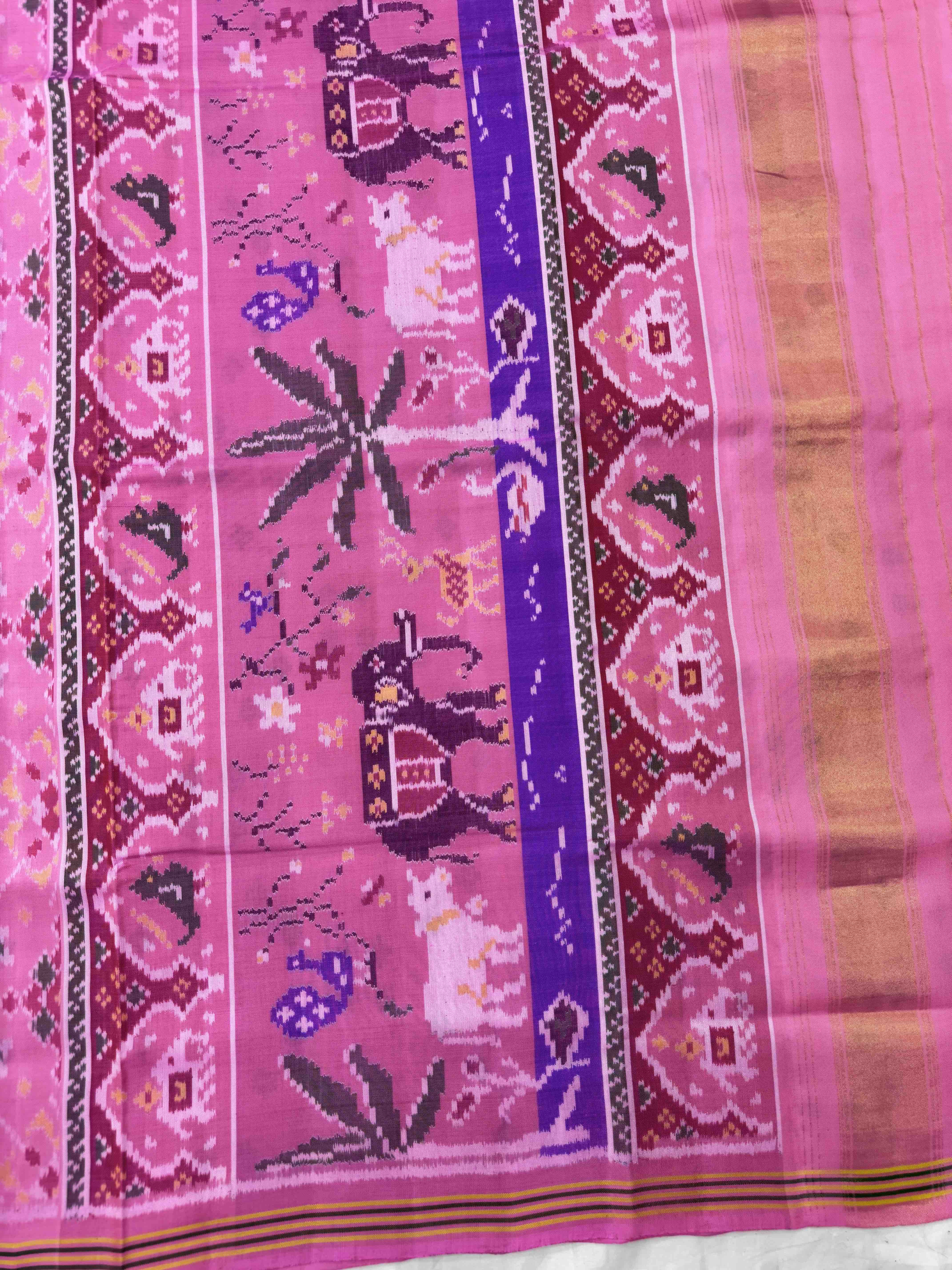 Light Pink Elephant Navratan Mix Single Ikat Patan Patola Saree