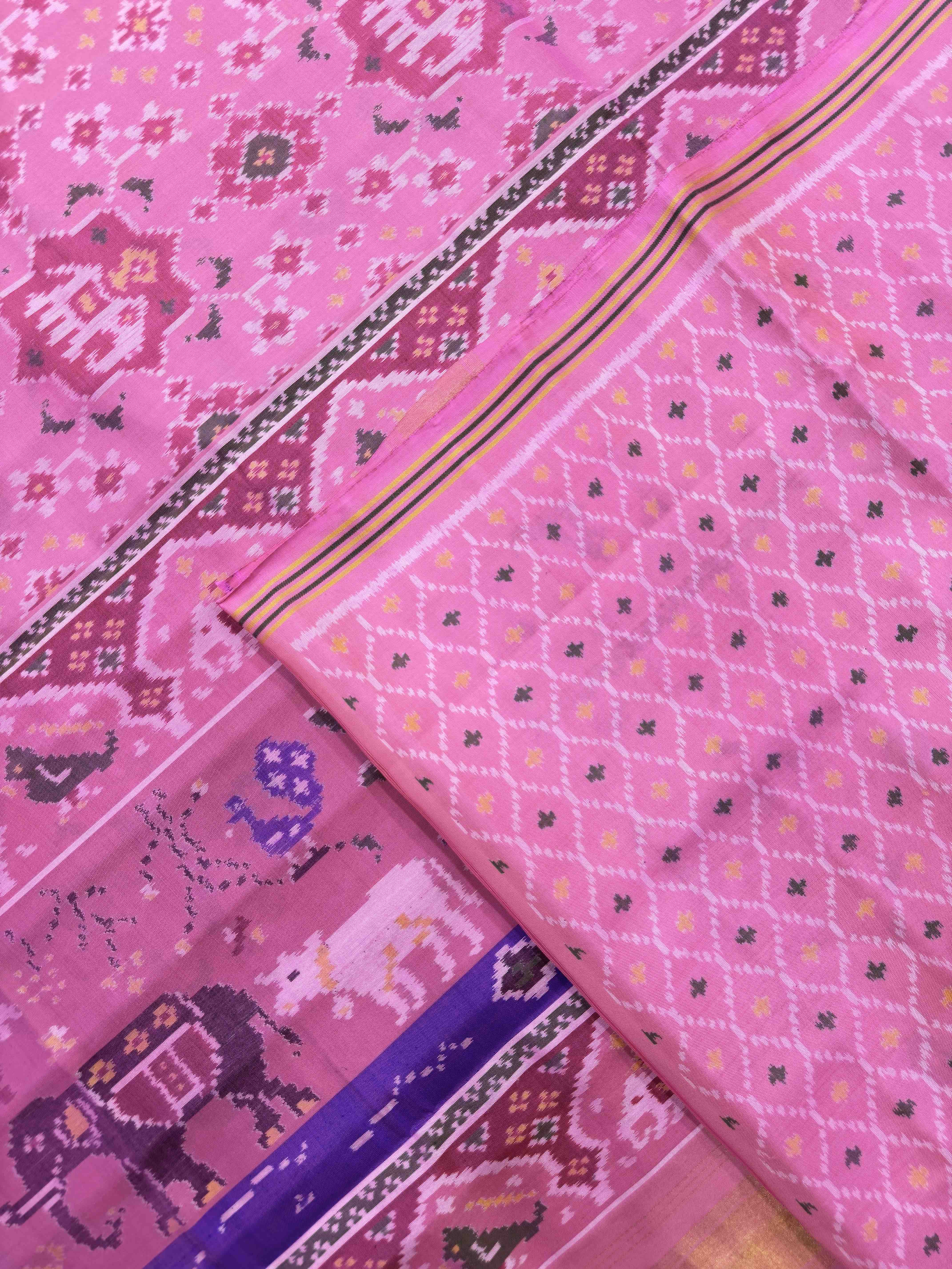Light Pink Star Elephant Navratan Mix Single Ikat Patan Patola Saree