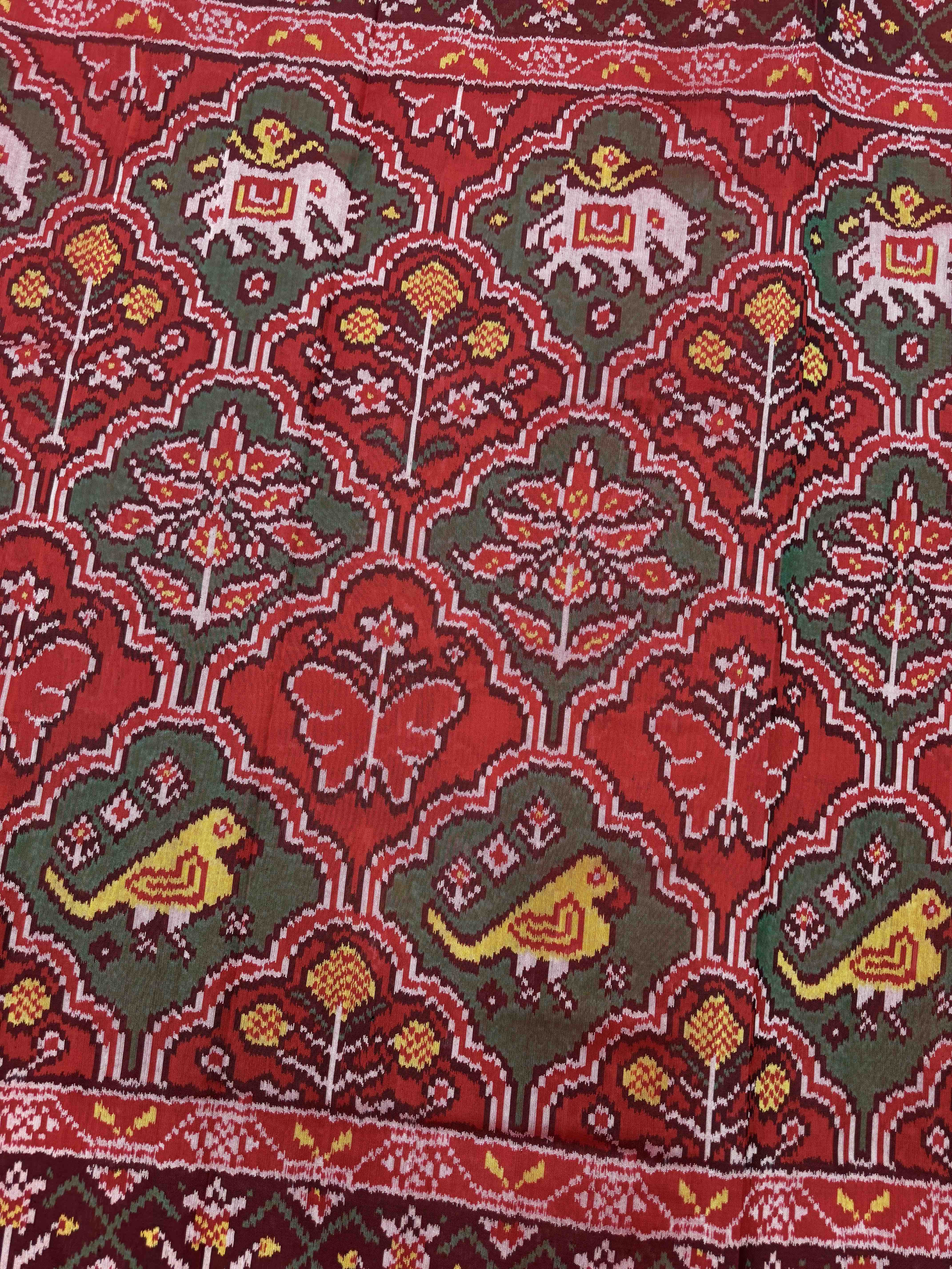 Red Big Figure Haathi Popat Chhabdi Single Ikat Patan Patola Saree