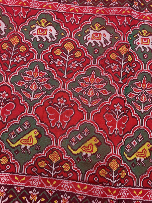 Red Big Figure Haathi Popat Chhabdi Single Ikat Patan Patola Saree