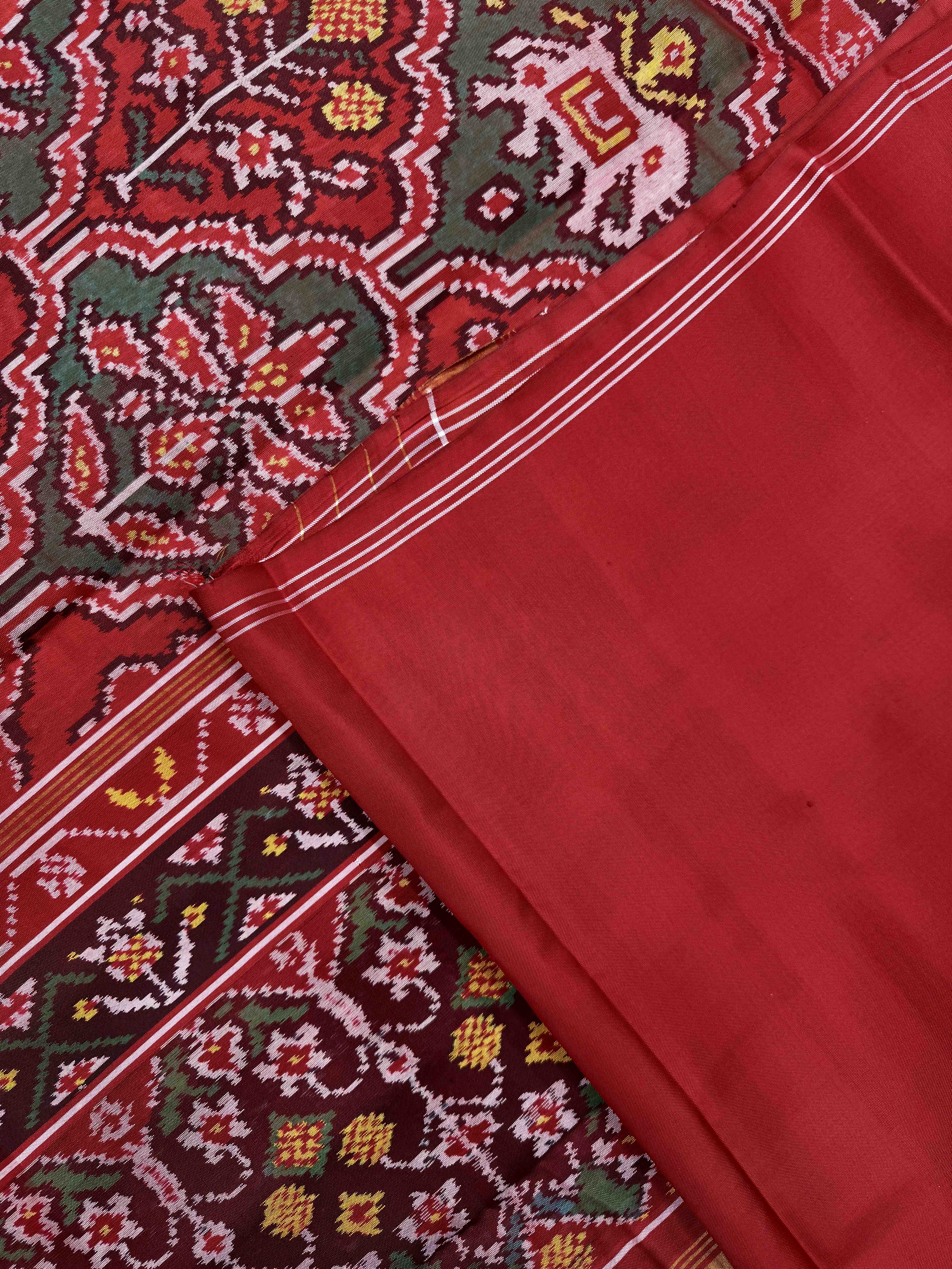 Red Big Figure Haathi Popat Chhabdi Single Ikat Patan Patola Saree