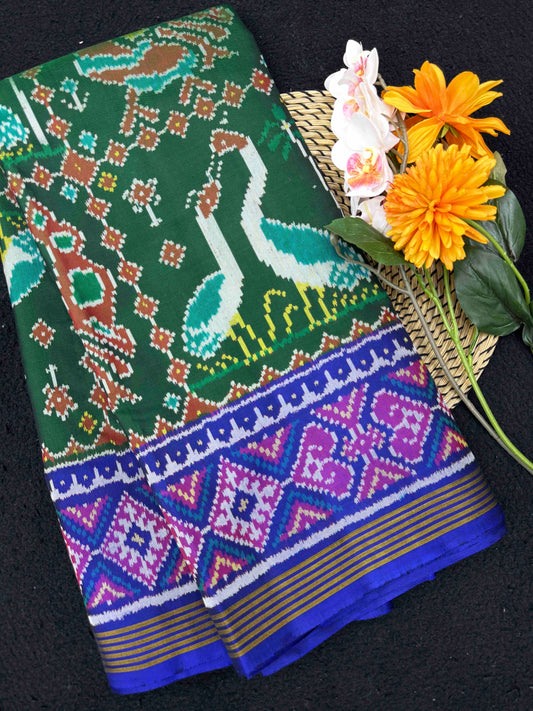 Blue & Green Big Figure Peacock Swan Single Ikat Patan Patola Saree
