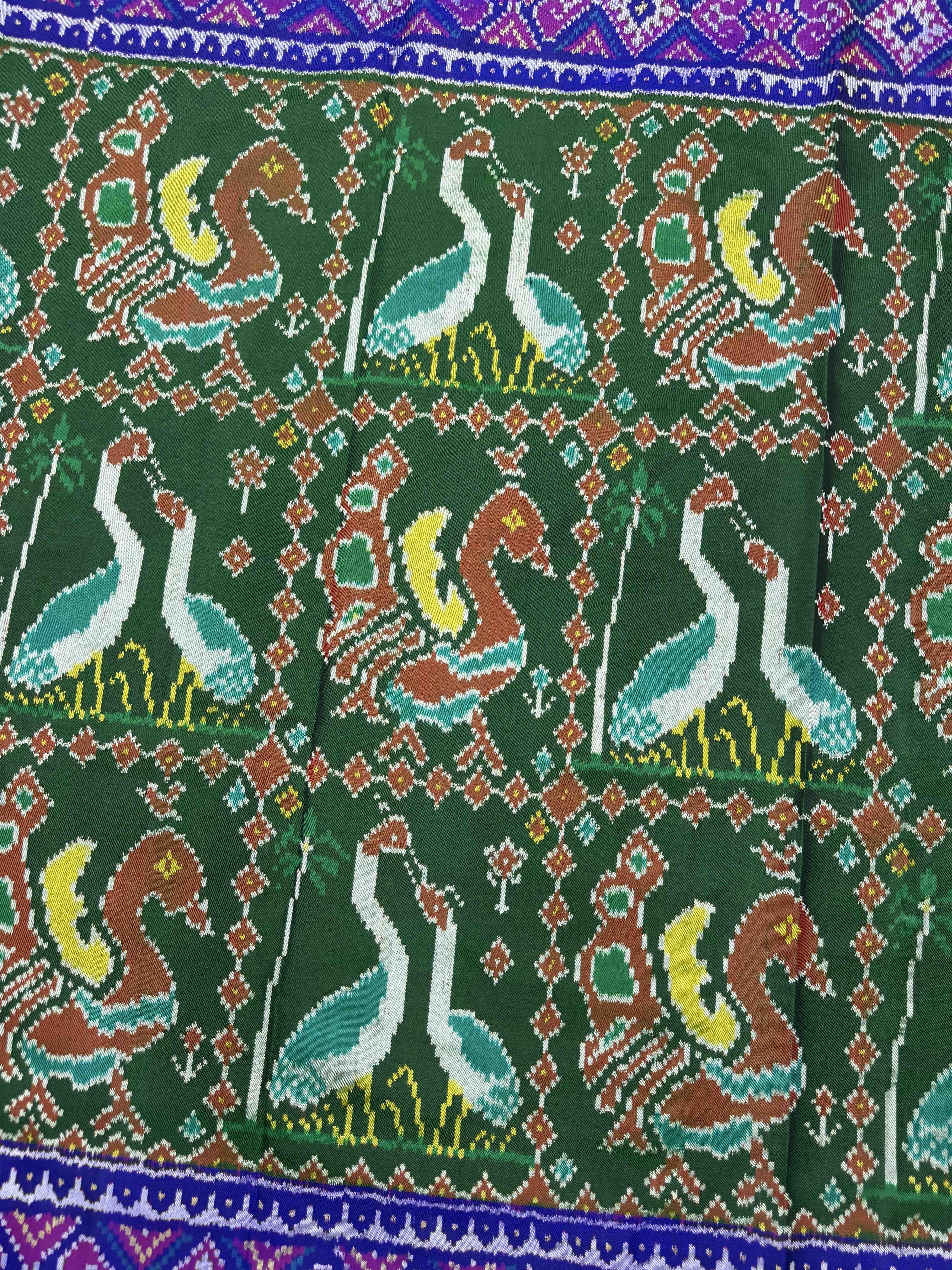 Blue & Green Big Figure Peacock Swan Single Ikat Patan Patola Saree