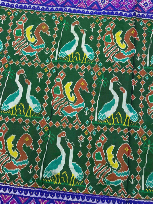 Blue & Green Big Figure Peacock Swan Single Ikat Patan Patola Saree