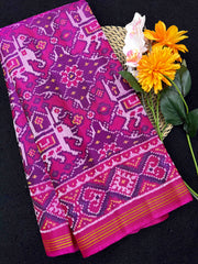 Pink & Purple Big Figure Elephant Chhabdi Single Ikat Patan Patola Saree