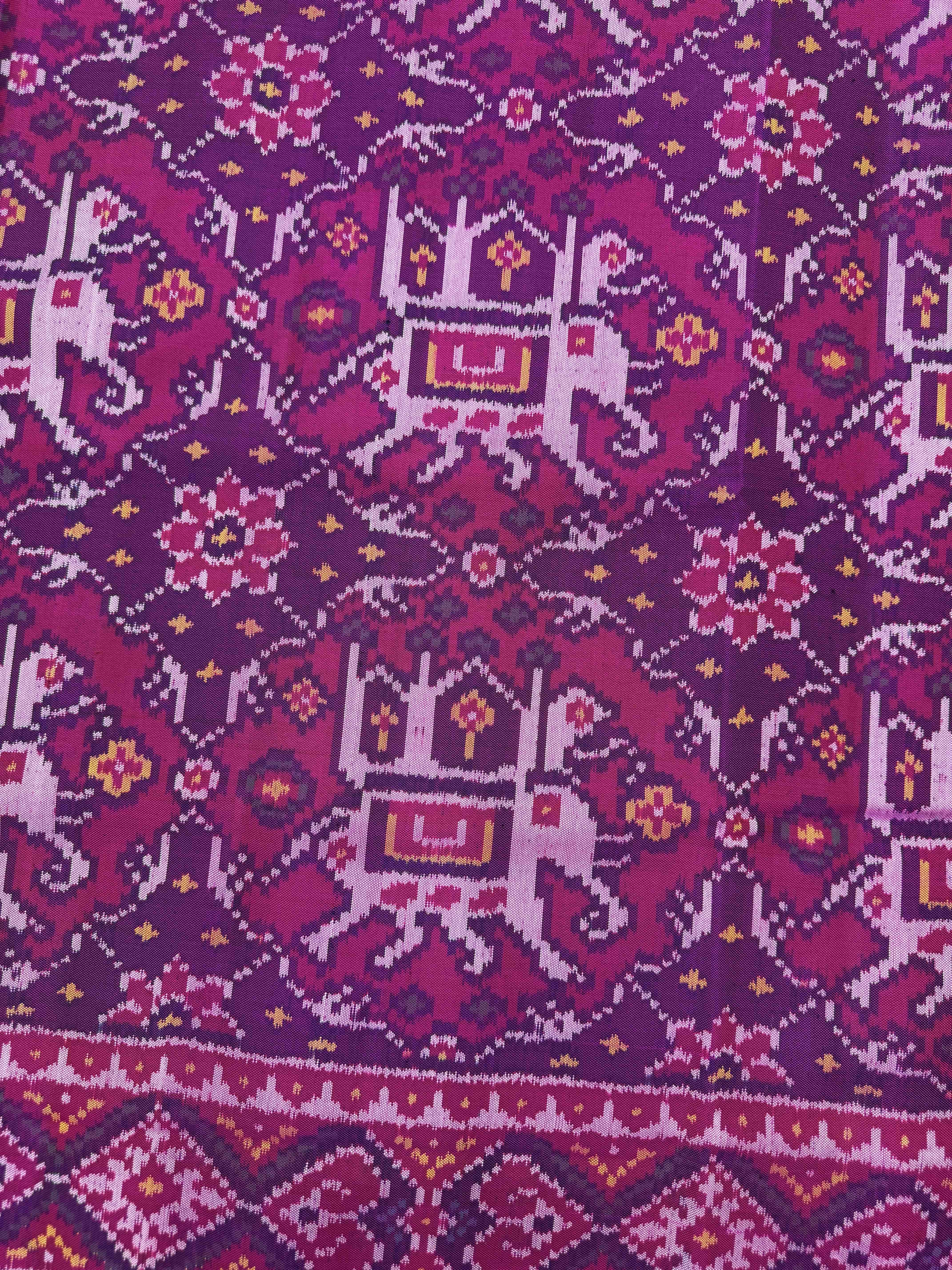Pink & Purple Big Figure Elephant Chhabdi Single Ikat Patan Patola Saree