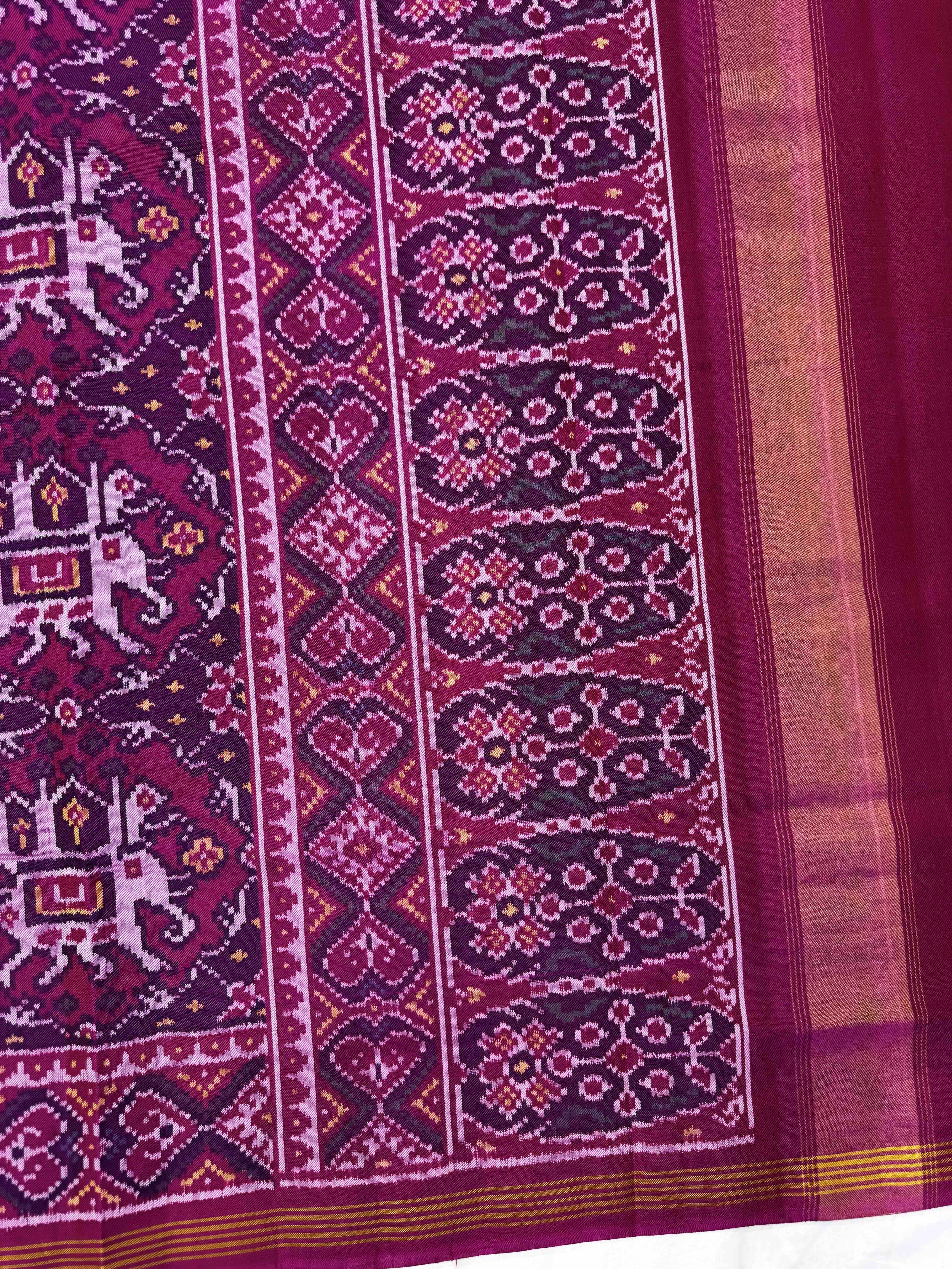 Pink & Purple Big Figure Elephant Chhabdi Single Ikat Patan Patola Saree