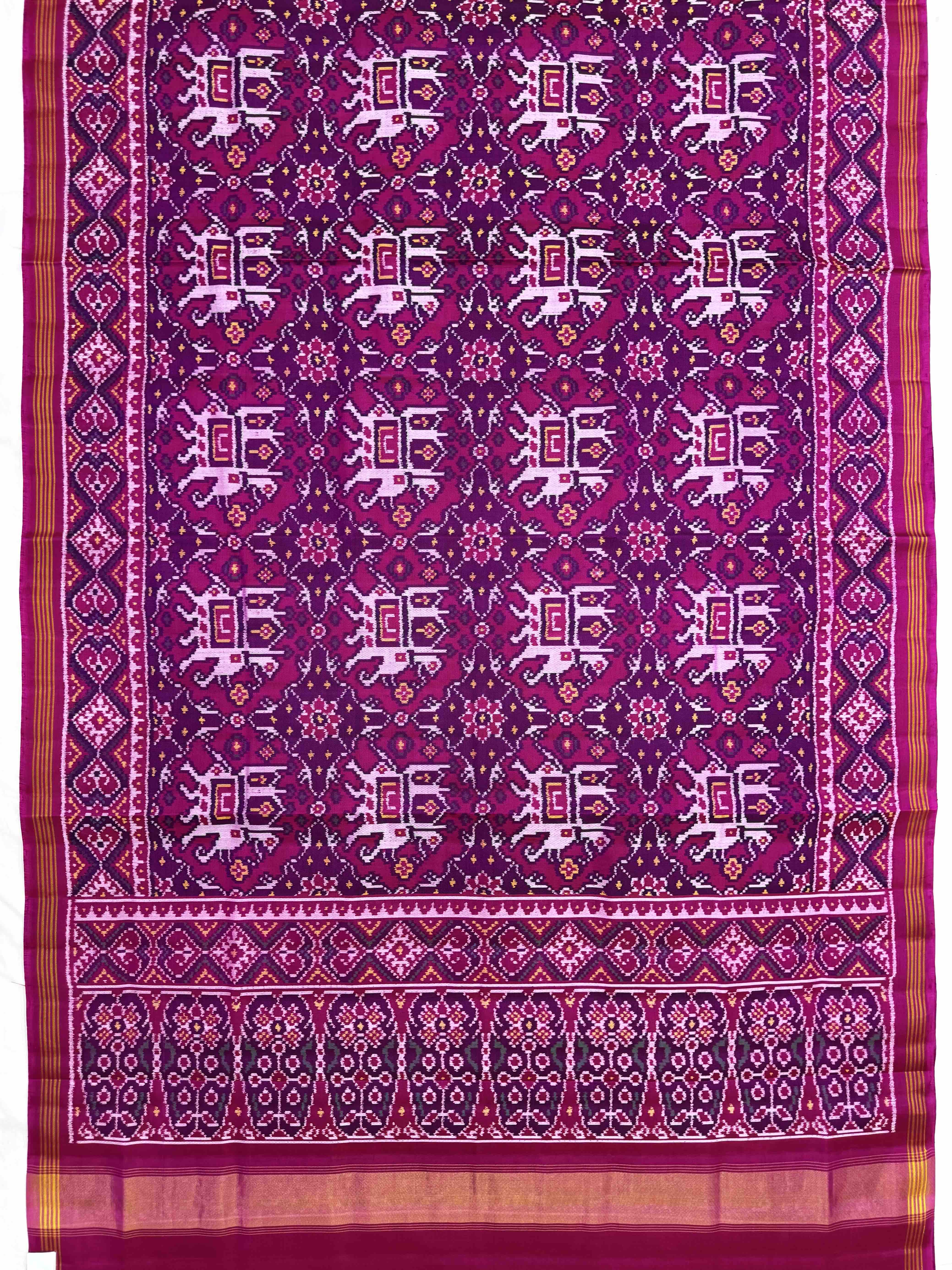 Pink & Purple Big Figure Elephant Chhabdi Single Ikat Patan Patola Saree