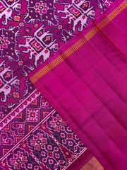 Pink & Purple Big Figure Elephant Chhabdi Single Ikat Patan Patola Saree