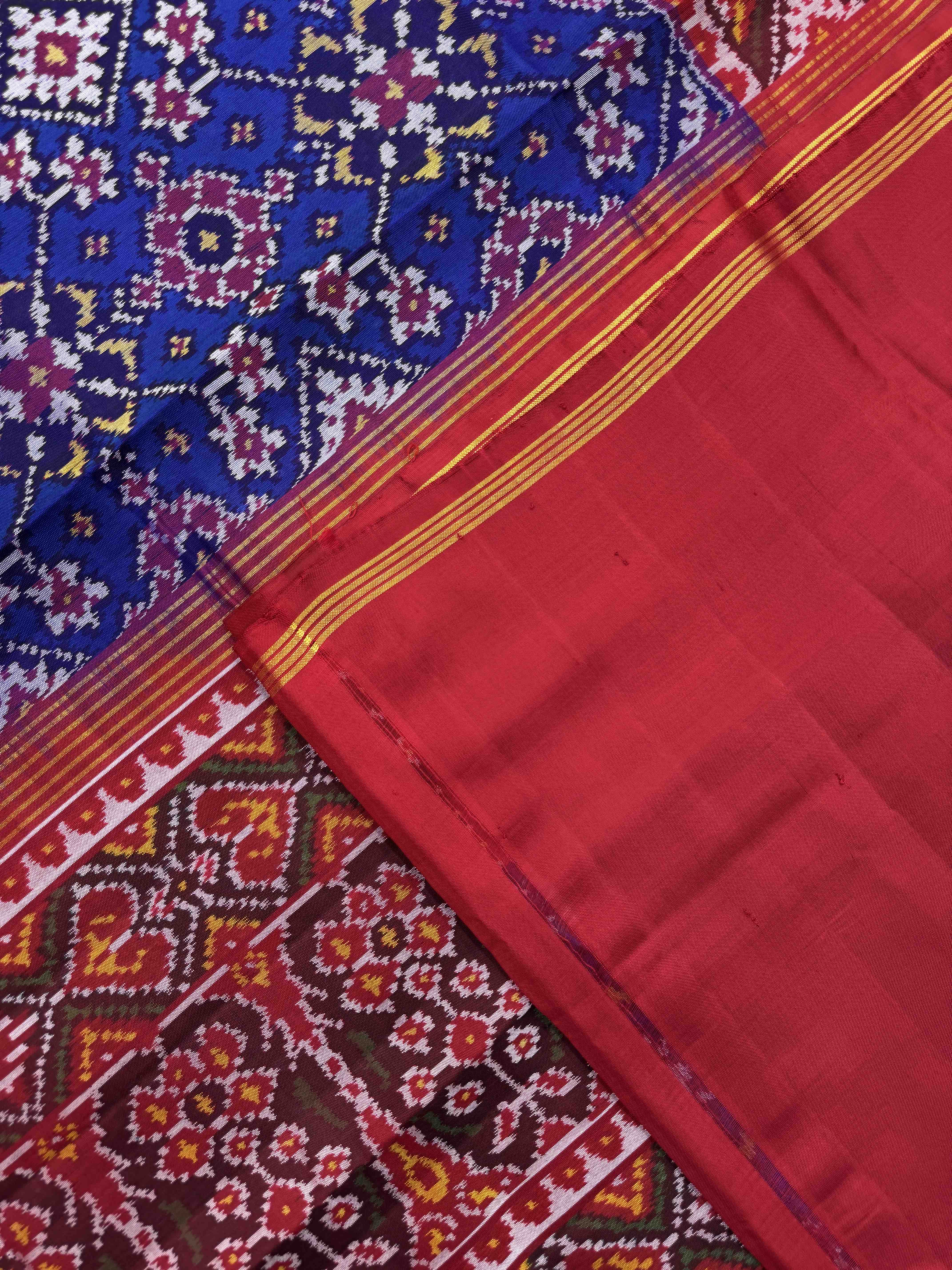 Red & Blue Navratan Single Ikat Patan Patola Saree