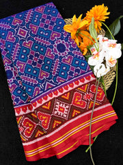 Red & Turquoise Manekchowk Single Ikat Patan Patola Saree