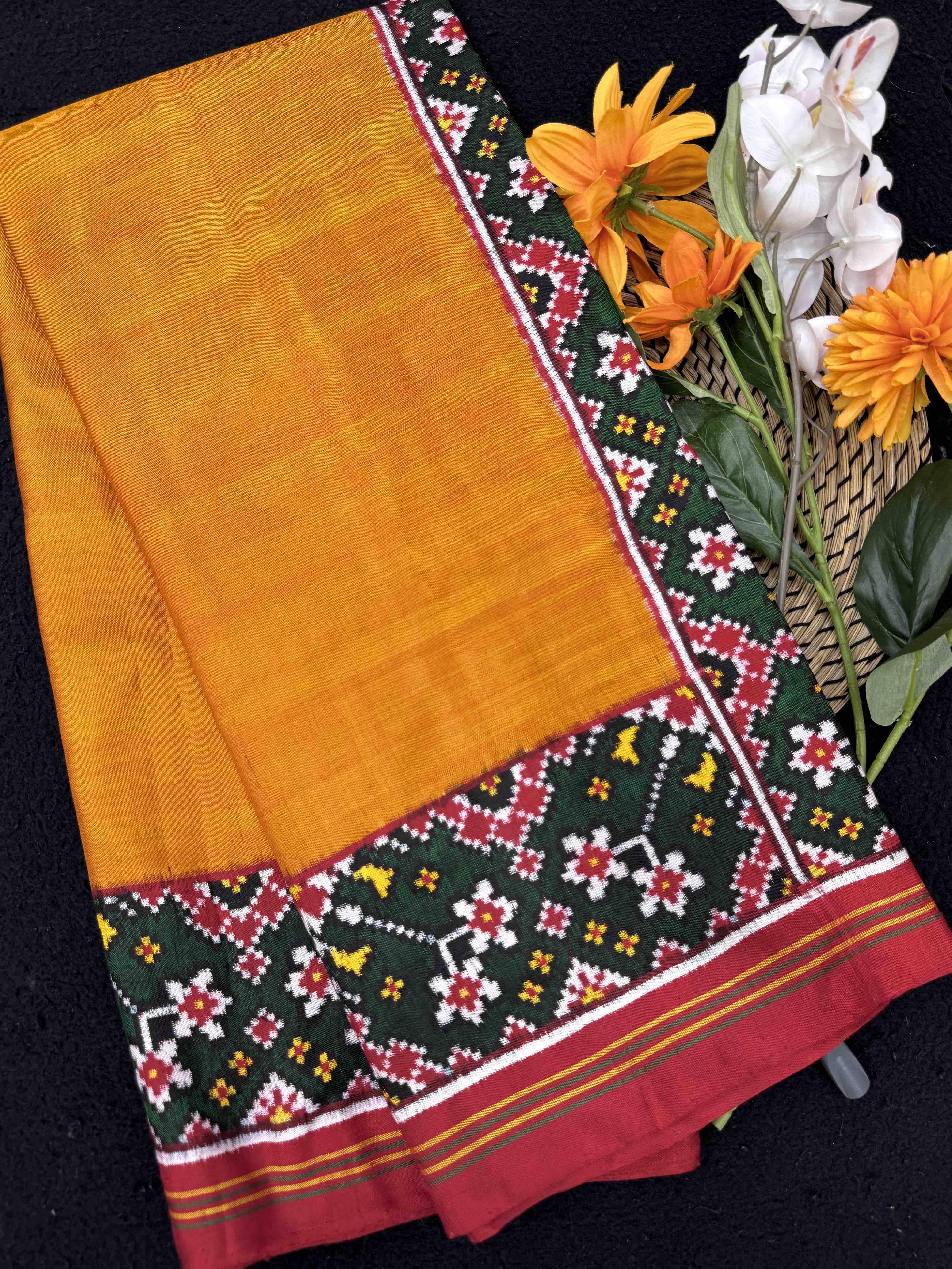 Green & Mustard Plain Double Ikat Patan Patola Saree
