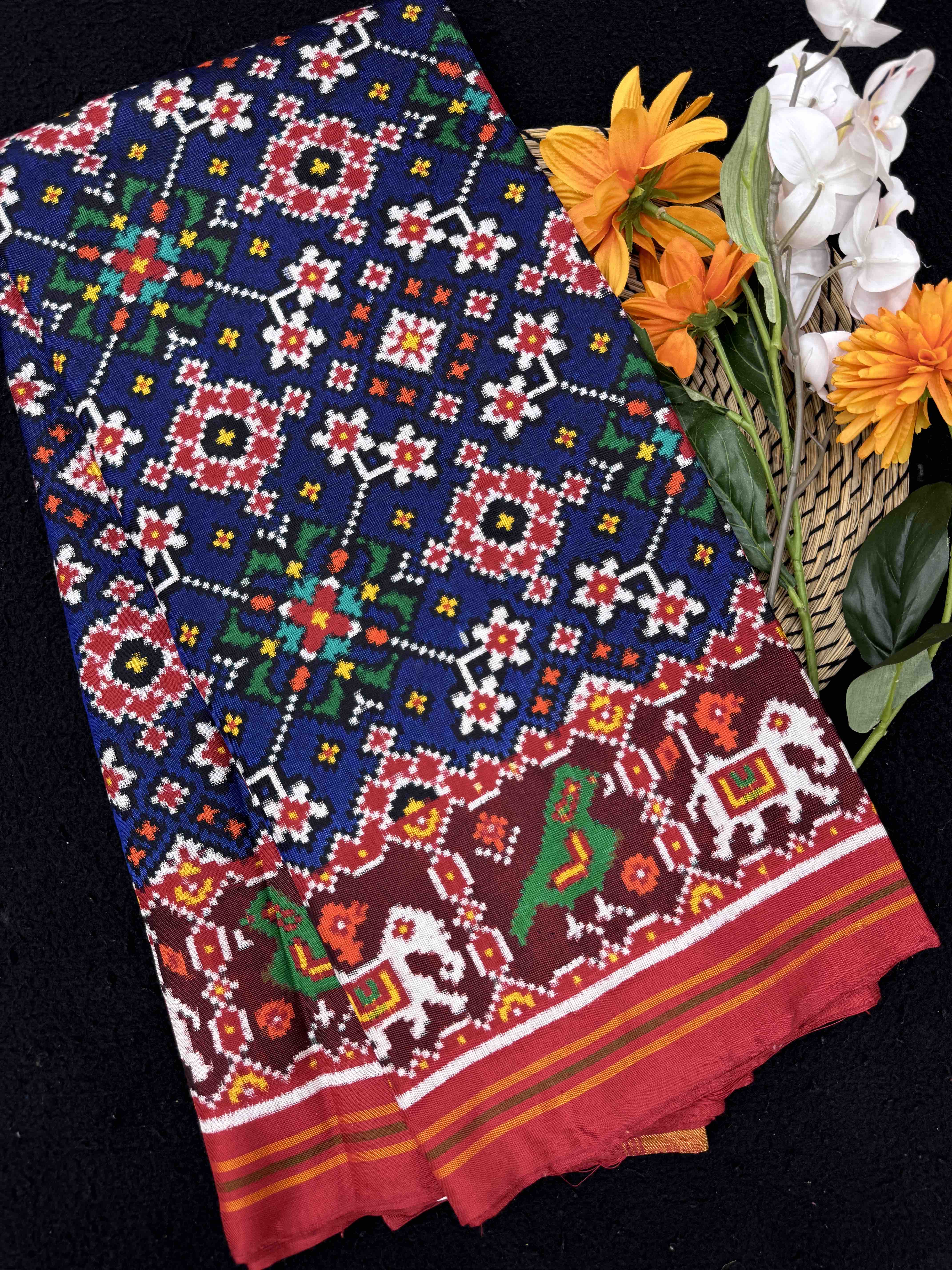 Red & Blue Navratan Double Ikat Patan Patola Saree