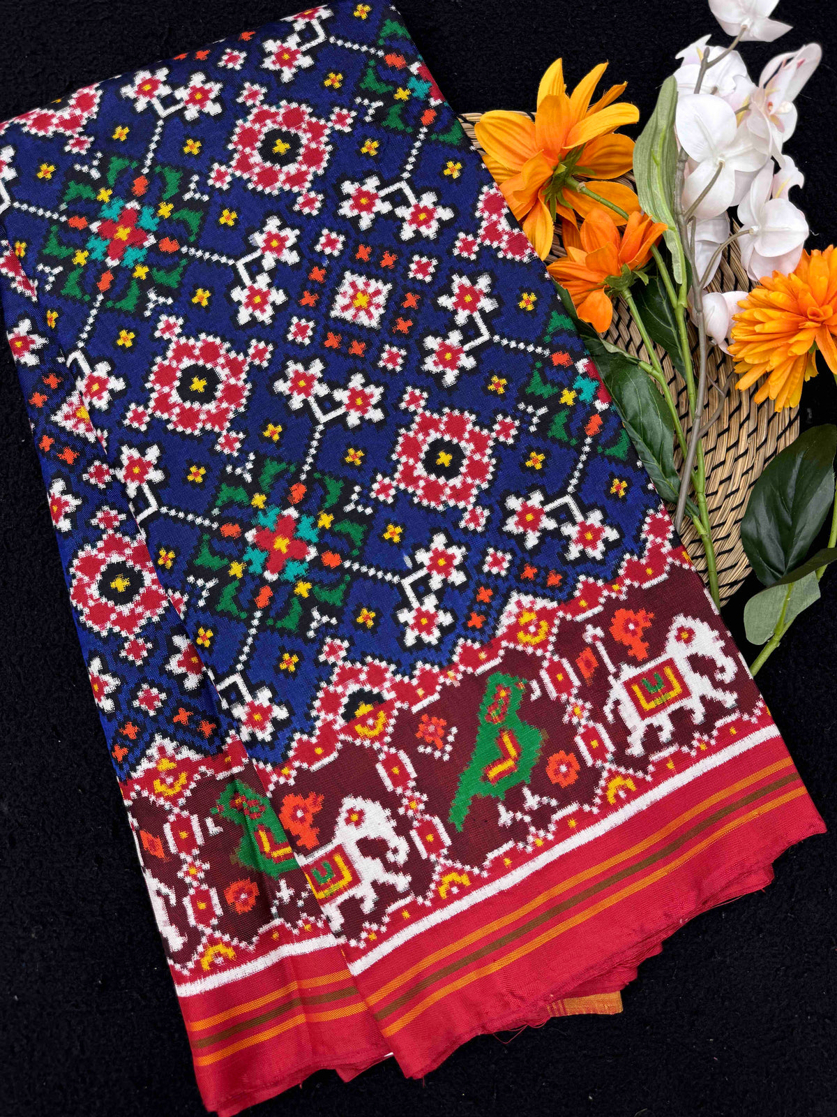 Red & Blue Navratan Double Ikat Patan Patola Saree