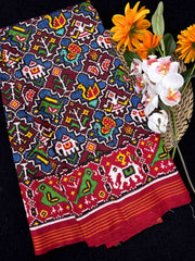 Red & Blue with Maroon Small Narikunj Double Ikat Patan Patola Saree