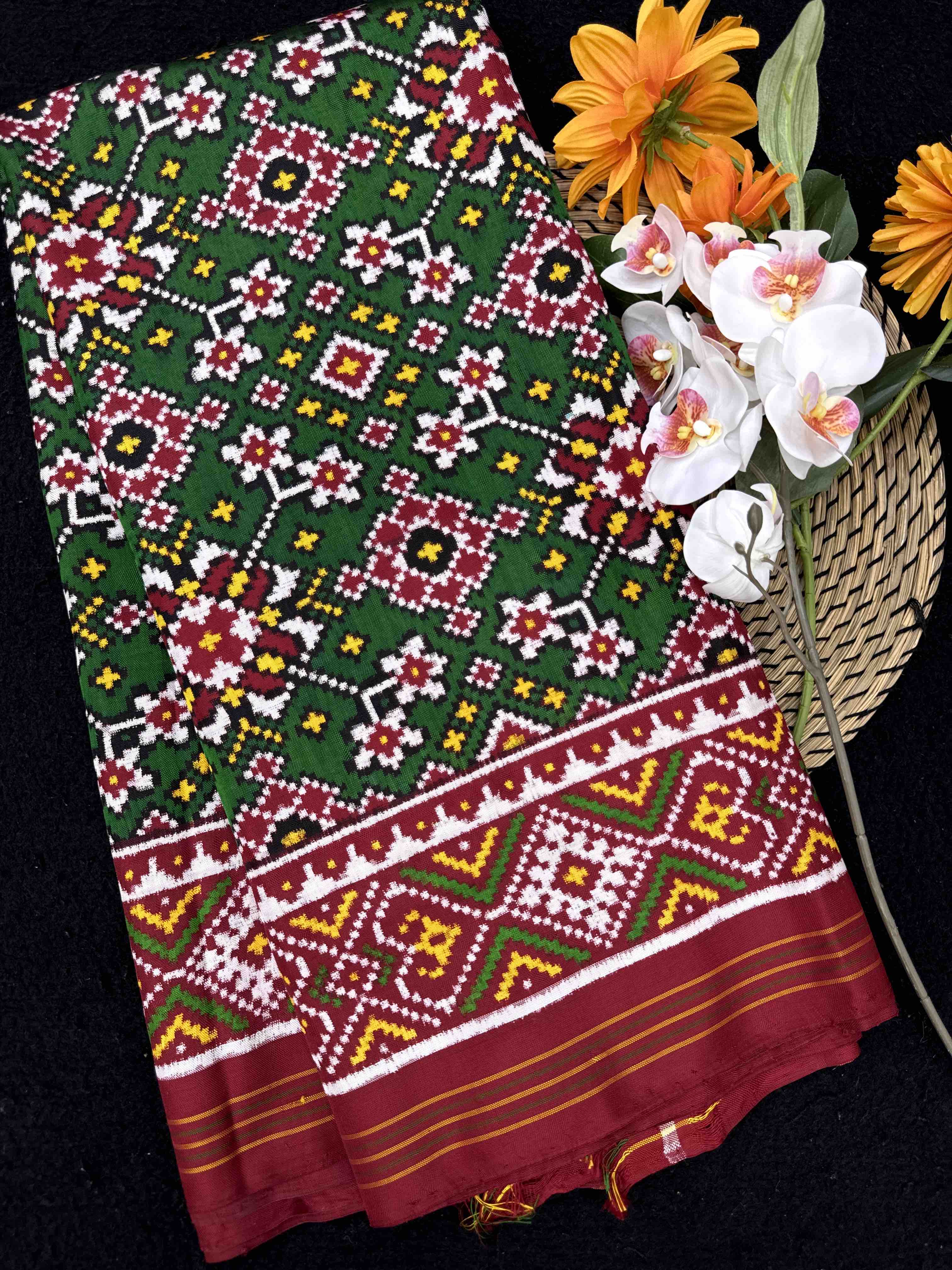 Red & Green Navratan Double Ikat Patan Patola Saree