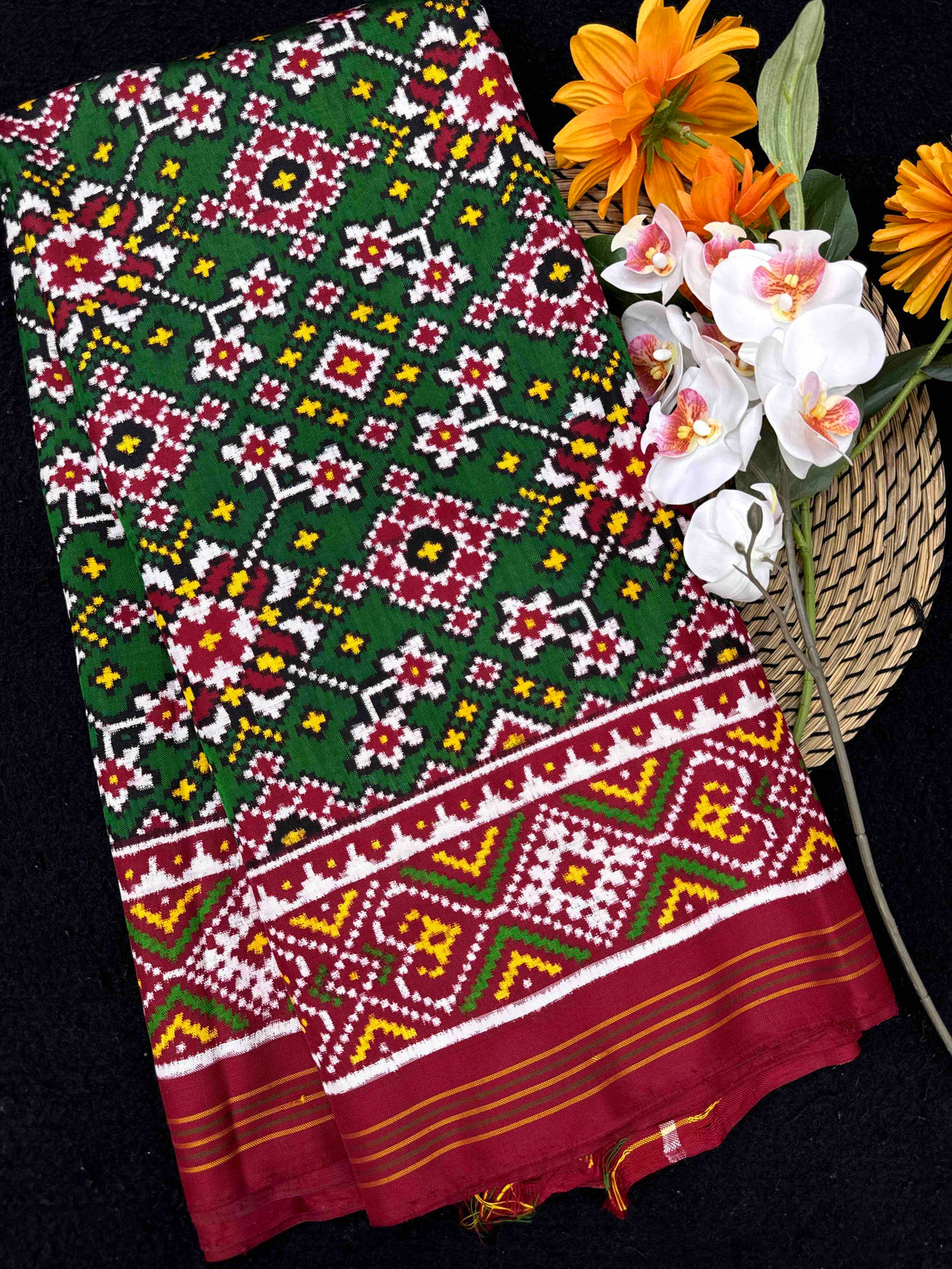 Red & Green Navratan Double Ikat Patan Patola Saree