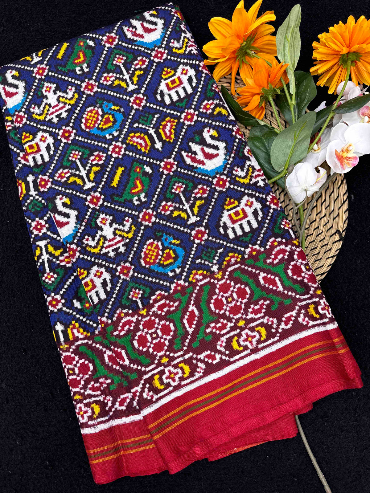 Red & Blue Small Narikunj Double Ikat Patan Patola Saree