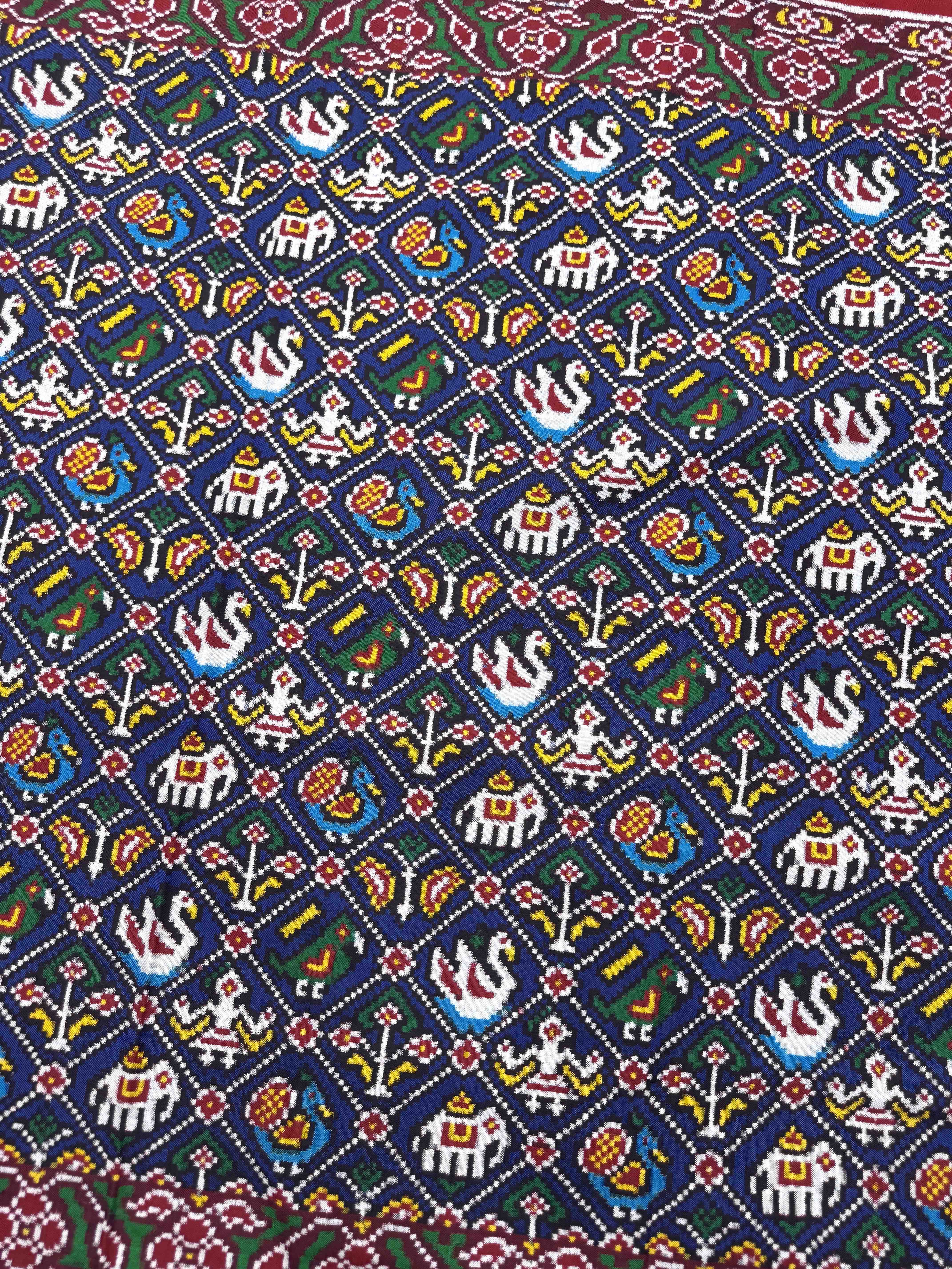 Red & Blue Small Narikunj Double Ikat Patan Patola Saree