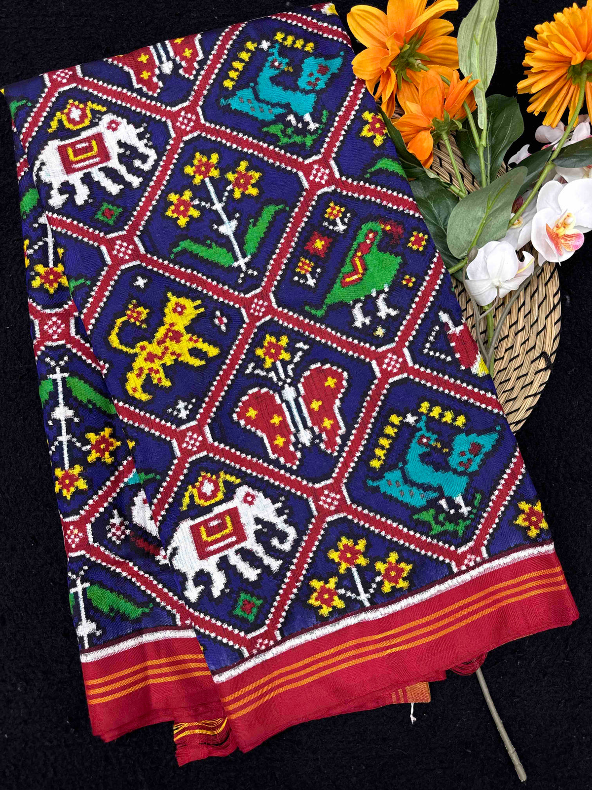 Red & Blue Narikunj Double Ikat Patan Patola Saree