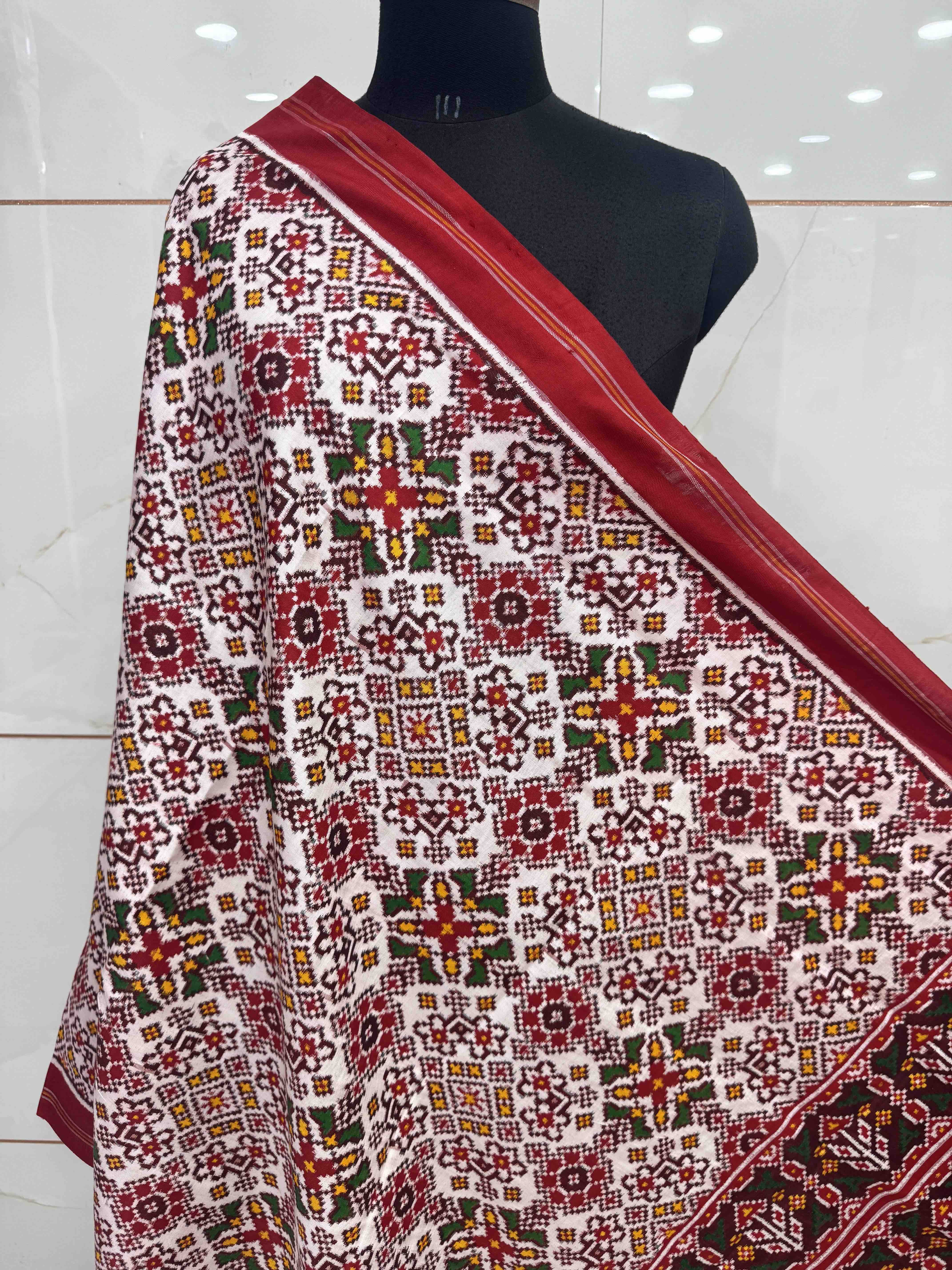 Red & White Navratan Double Ikat Dupatta