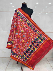 Red & Dark Carrot Fancy Flower Double Ikat Dupatta