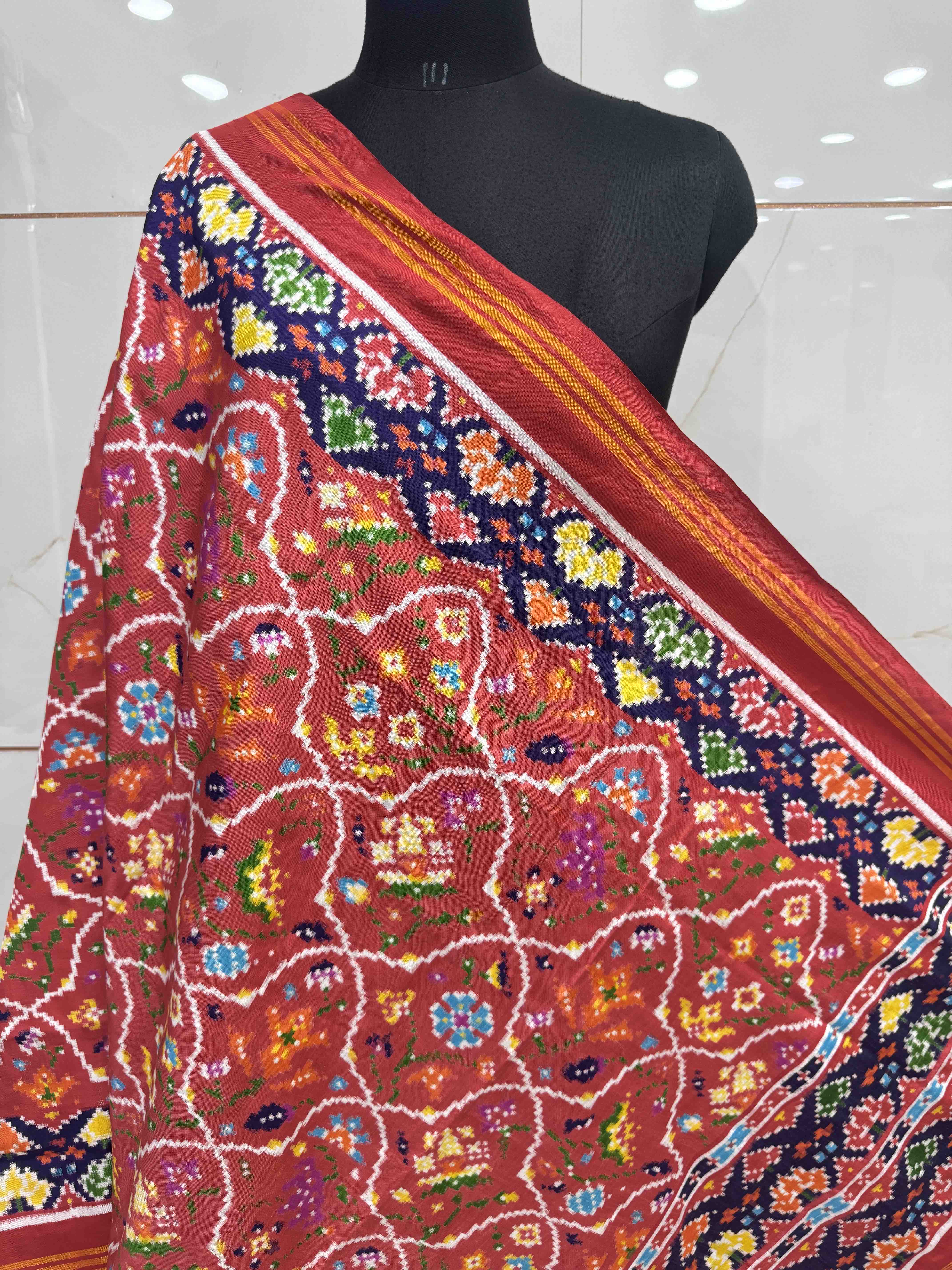 Red & Dark Carrot Fancy Flower Double Ikat Dupatta