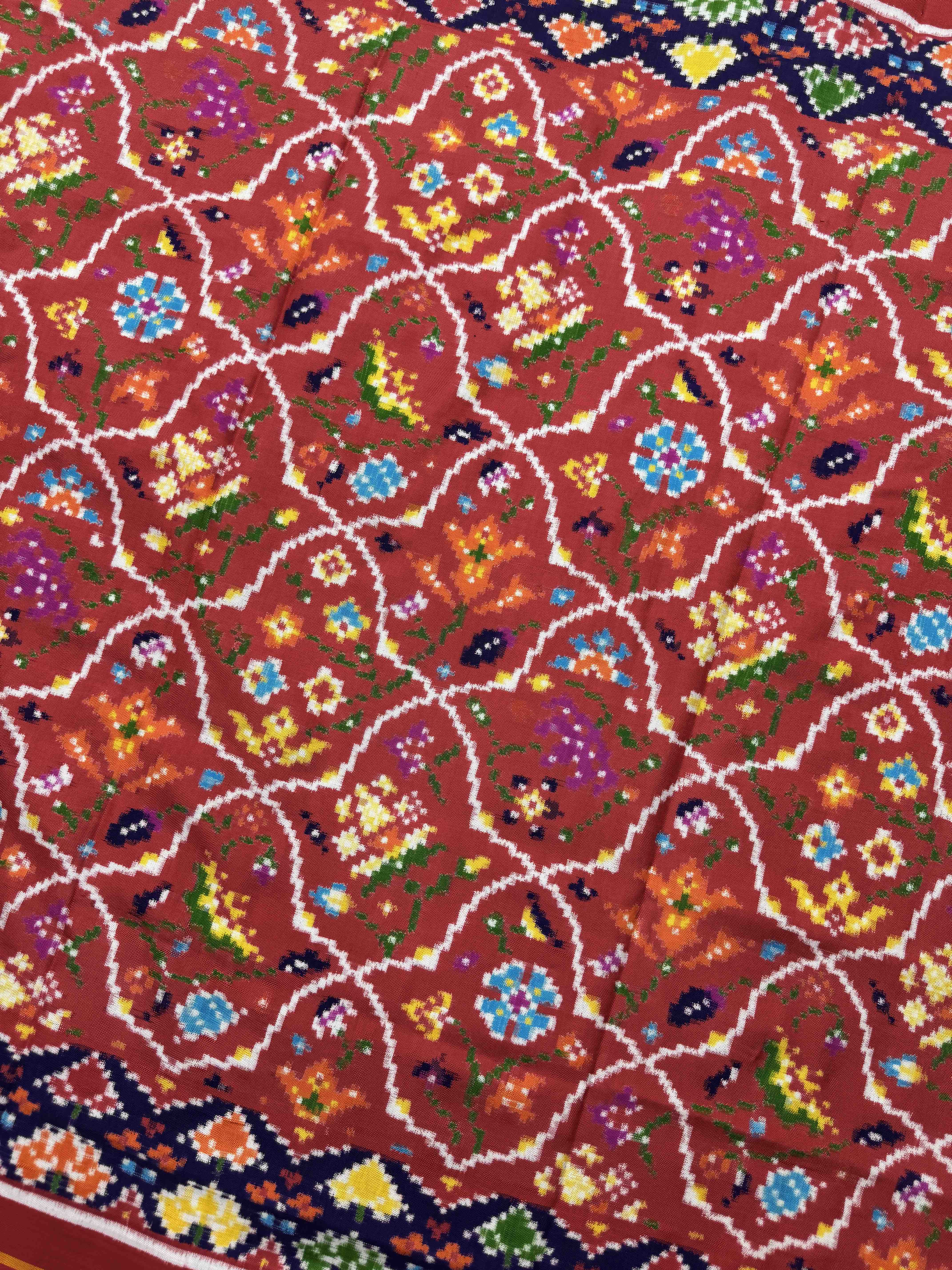 Red & Dark Carrot Fancy Flower Double Ikat Dupatta