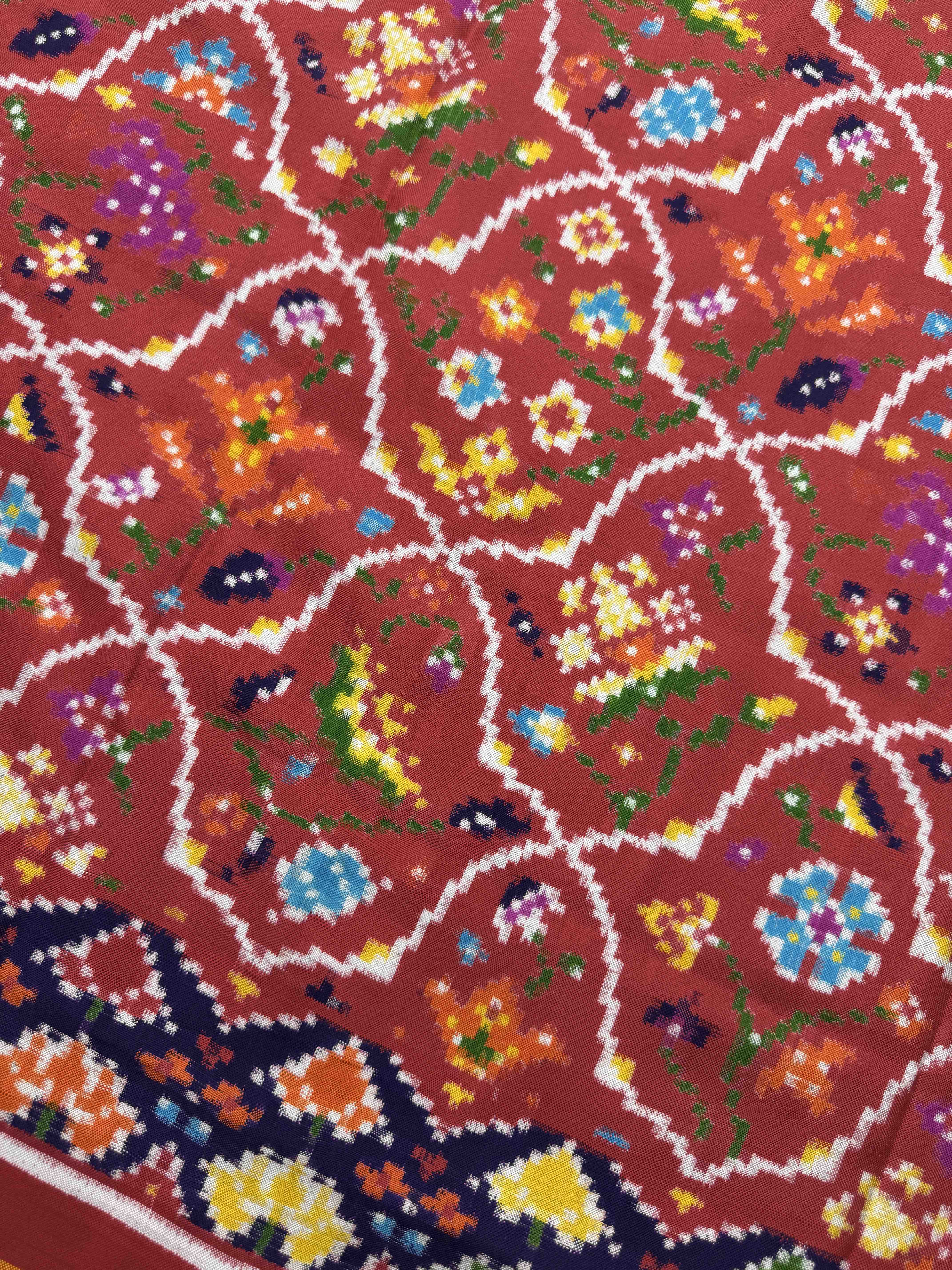 Red & Dark Carrot Fancy Flower Double Ikat Dupatta