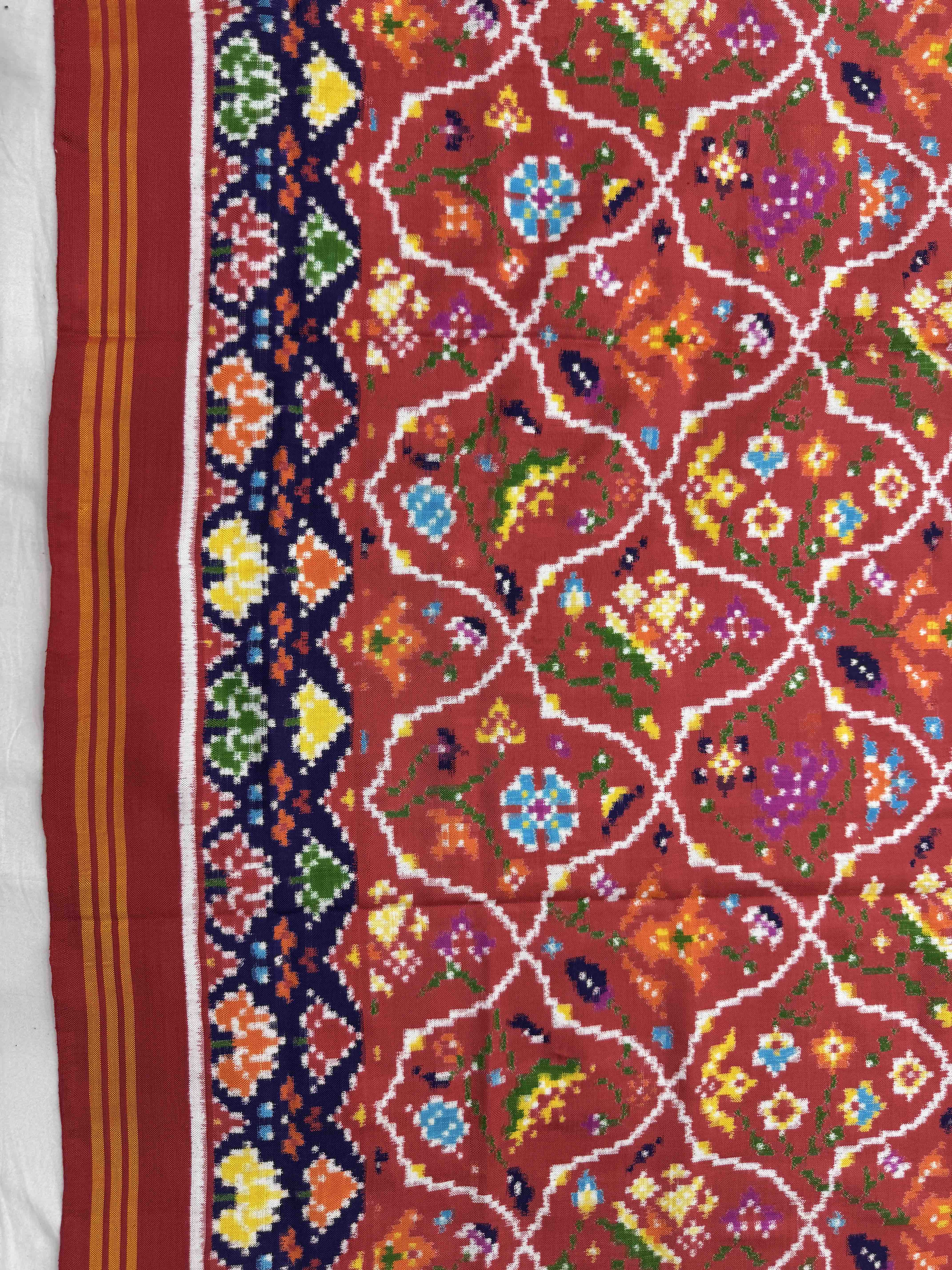Red & Dark Carrot Fancy Flower Double Ikat Dupatta