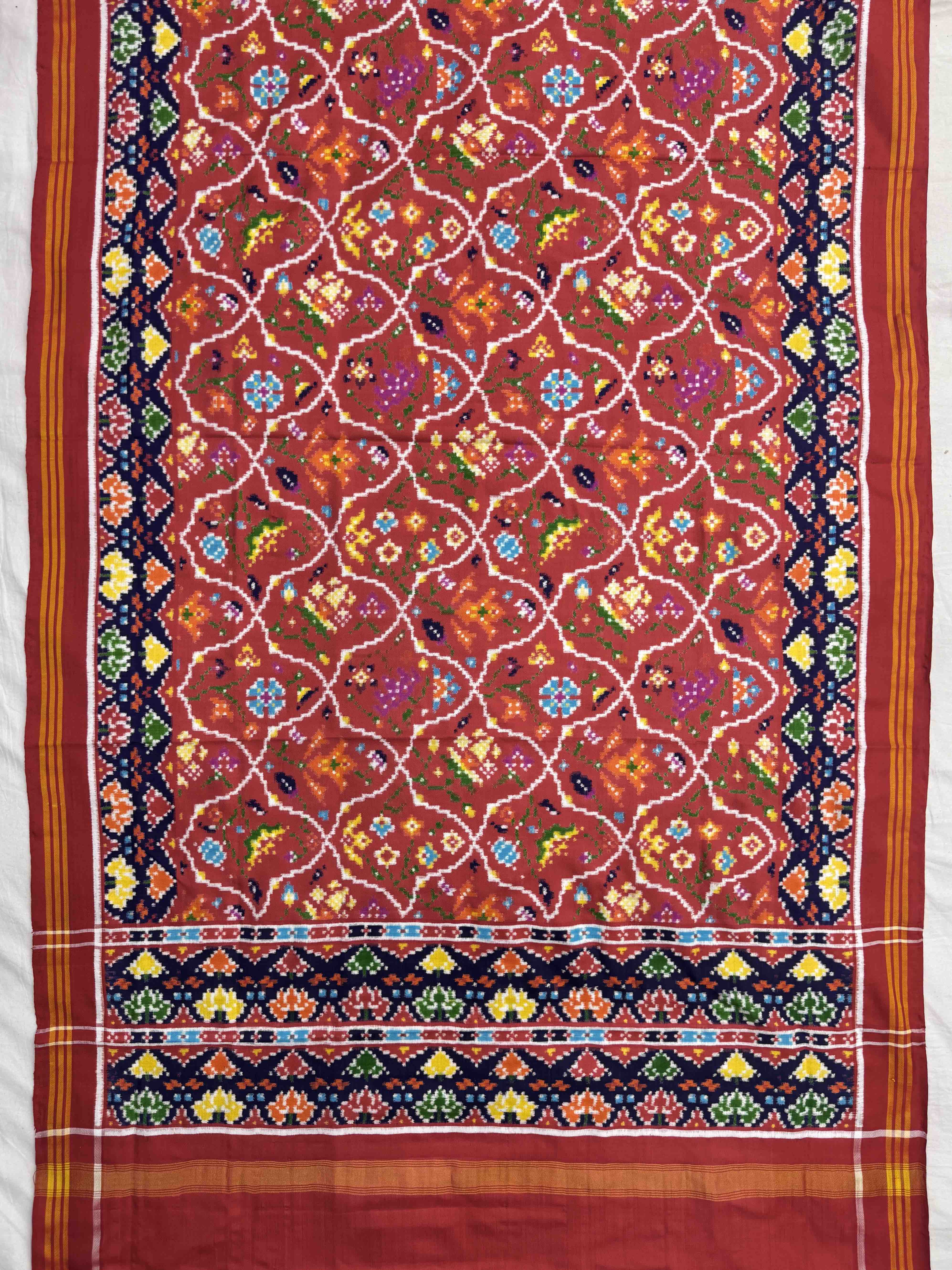 Red & Dark Carrot Fancy Flower Double Ikat Dupatta