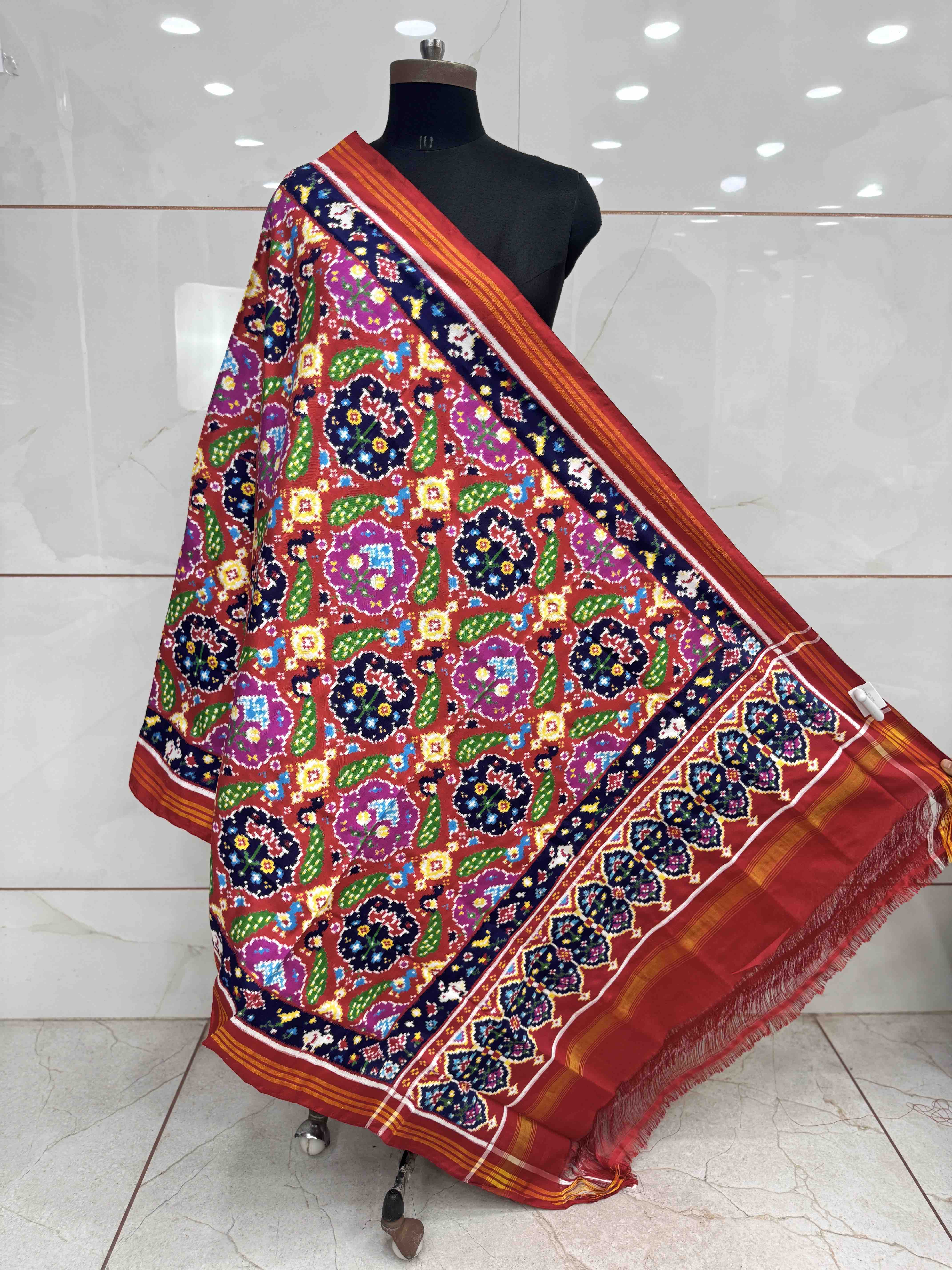 Red & Dark Carrot Peacock Figure Double Ikat Dupatta
