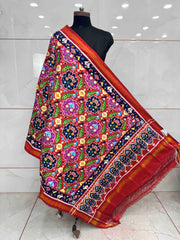 Red & Dark Carrot Peacock Figure Double Ikat Dupatta