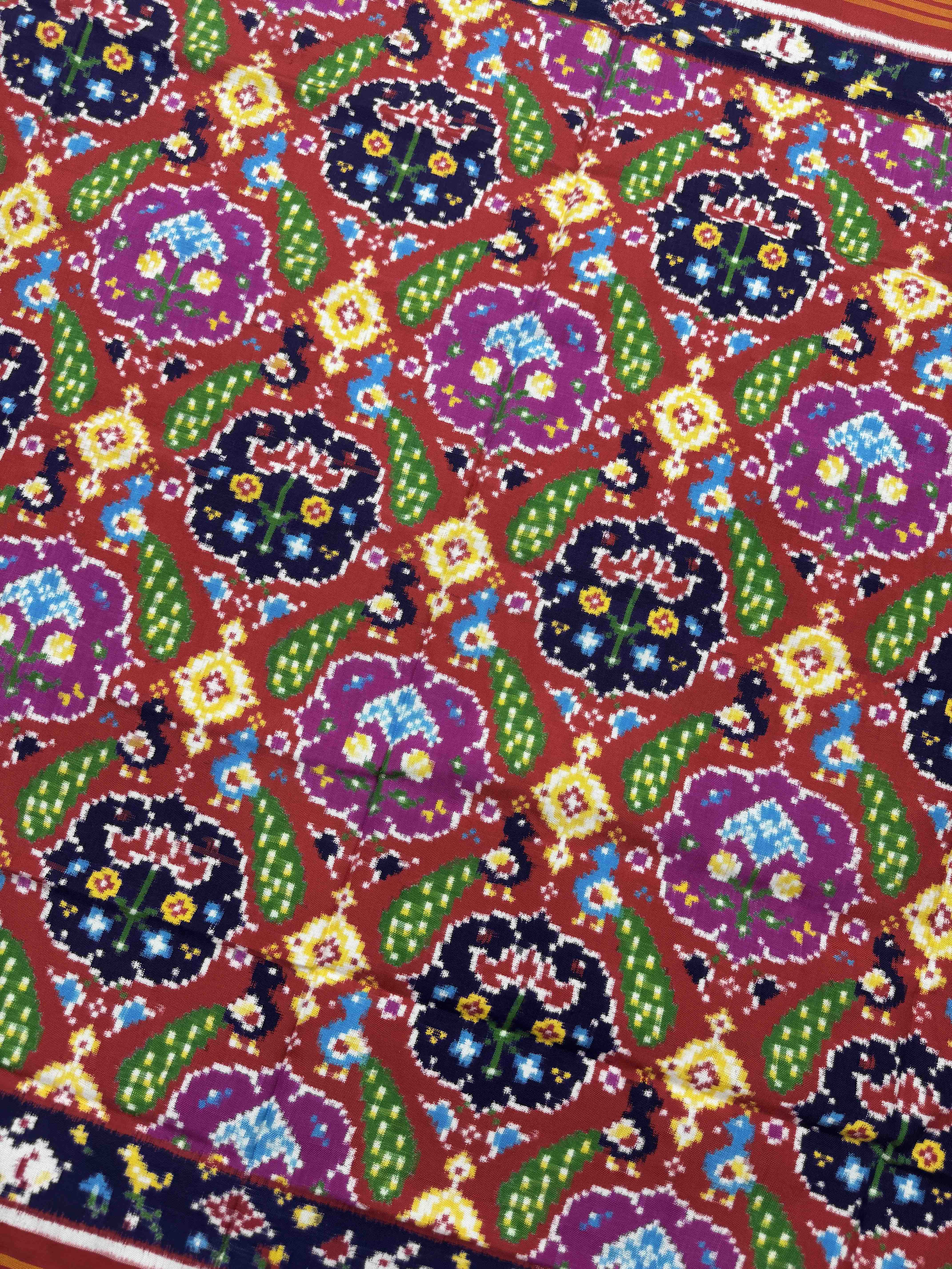 Red & Dark Carrot Peacock Figure Double Ikat Dupatta