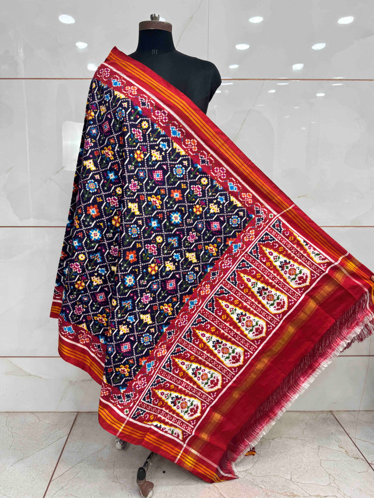 Red & Dark Blue Fancy Flower Double Ikat Dupatta