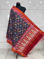 Red & Dark Blue Fancy Flower Double Ikat Dupatta