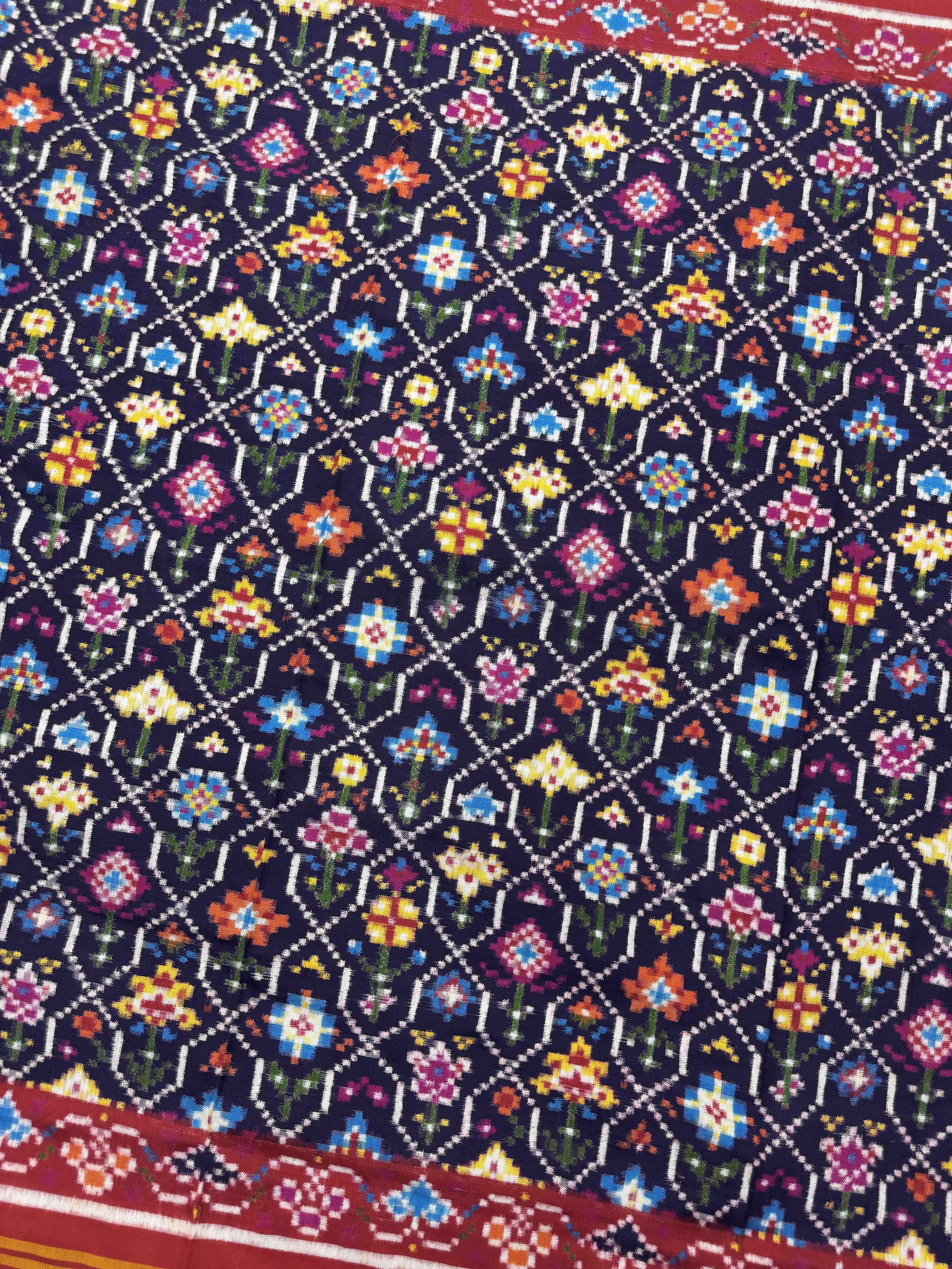 Red & Dark Blue Fancy Flower Double Ikat Dupatta