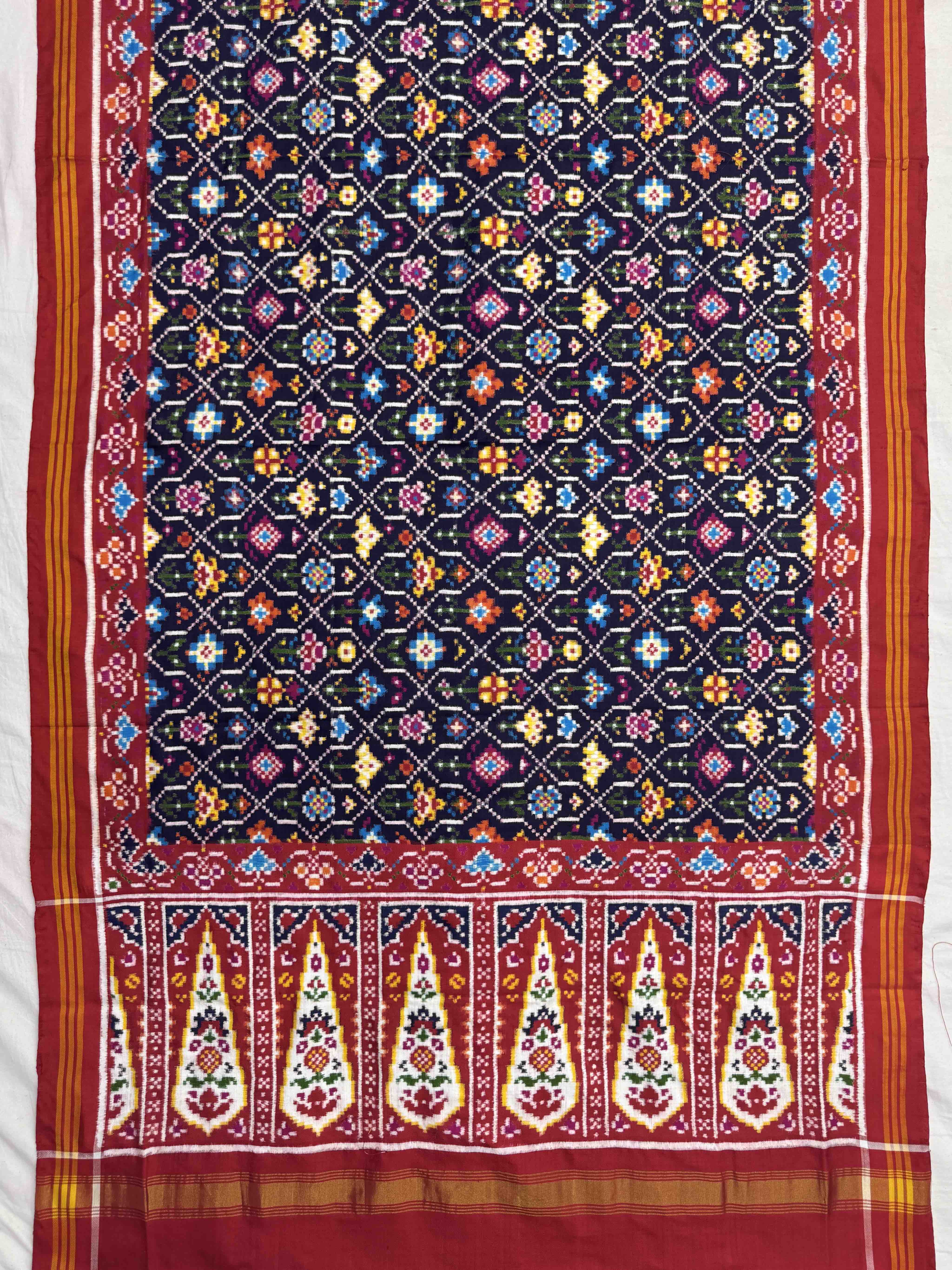Red & Dark Blue Fancy Flower Double Ikat Dupatta